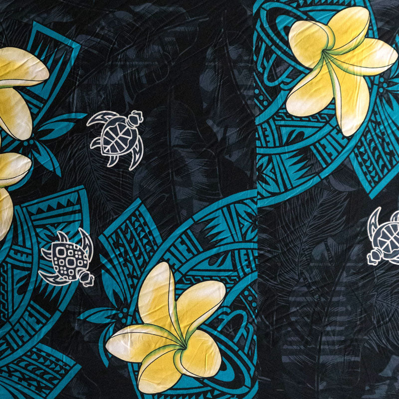 Plumeria Turtles Traditional Tribal design Peachskin Fabric | Islands Fabric