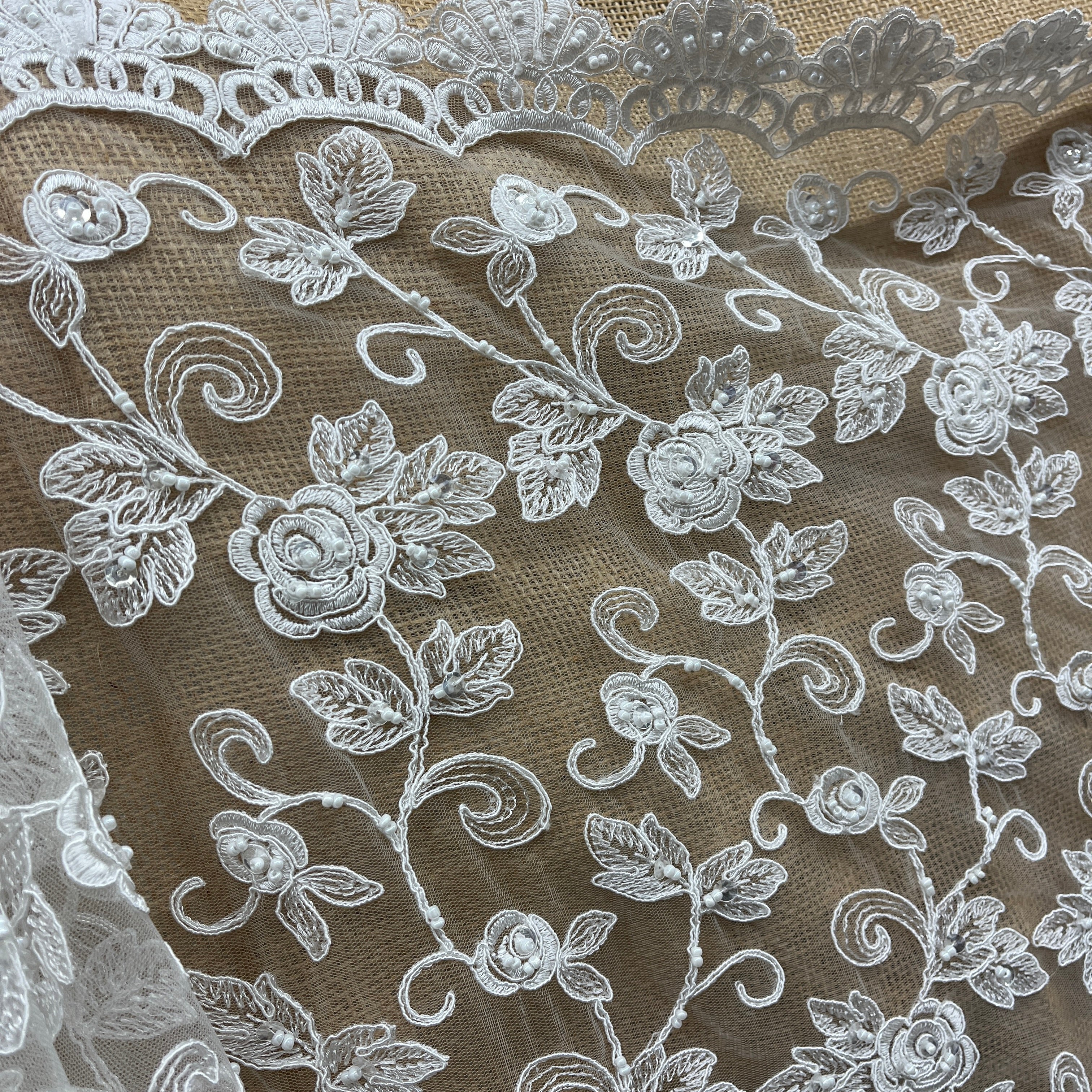 Beaded & Corded Floral  Bridal Lace Fabric  | Lace USA - 95042W-BP
