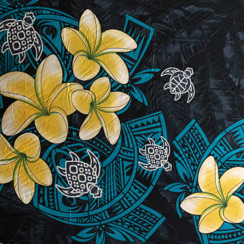 Plumeria Turtles Traditional Tribal design Peachskin Fabric | Islands Fabric