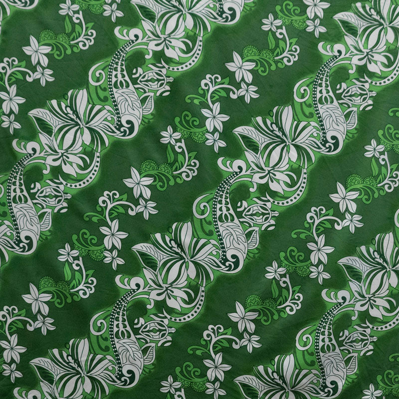 Diagonal Hibiscus Plumeria Sea Turtle Swirl Design Peachskin Fabric| Islands Fabric