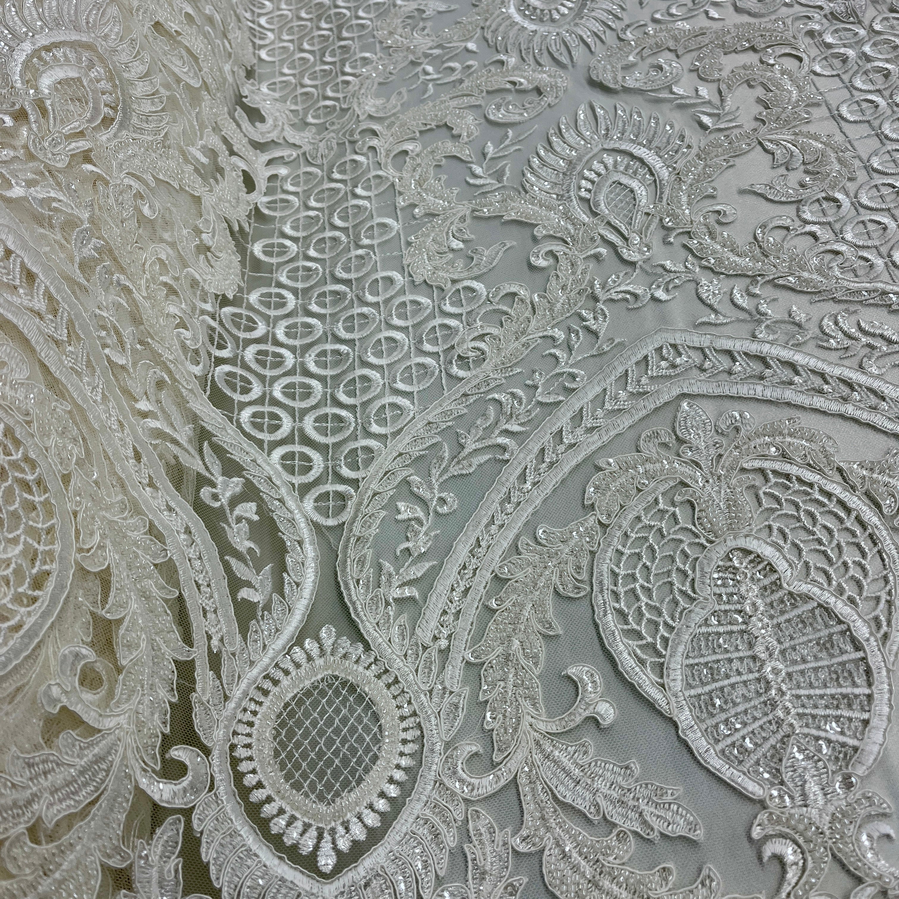 Beaded & Corded Bridal Lace Fabric Embroidered on 100% Polyester Net Mesh | Lace USA - GD-56127