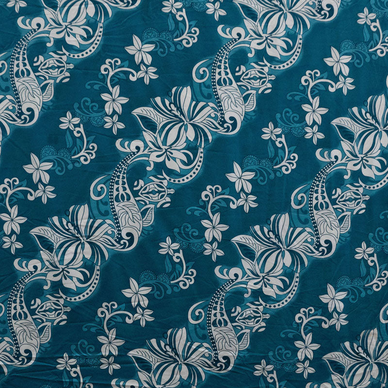 Diagonal Hibiscus Plumeria Sea Turtle Swirl Design Peachskin Fabric| Islands Fabric