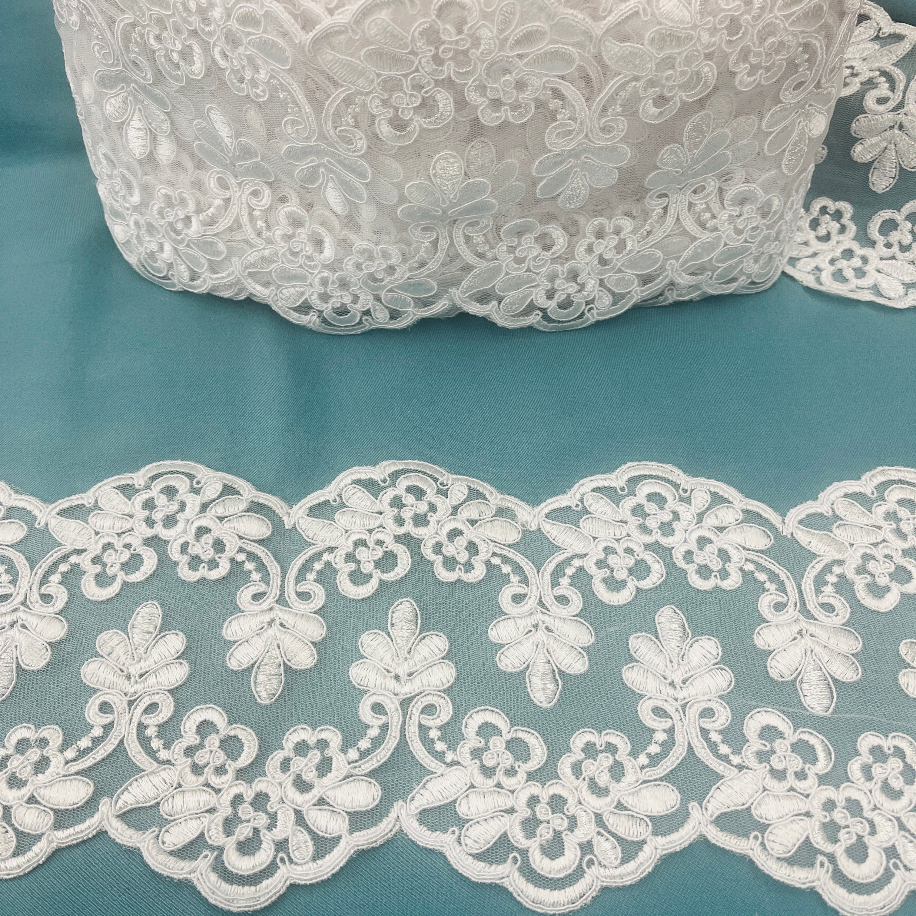 Double-Sided Floral Corded Lace Trim with Scalloped Edge – 6" Wide | Lace USA - 95967W/2