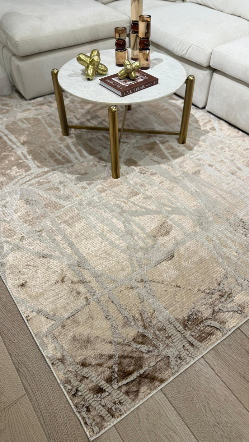 Cream Rug with Subtle Bronze Abstract Design in Viscose Finish - KAI 209