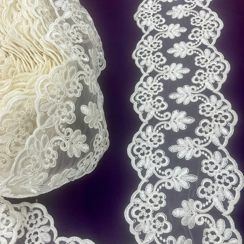 Double-Sided Floral Corded Lace Trim with Scalloped Edge – 6" Wide | Lace USA - 95967W/2