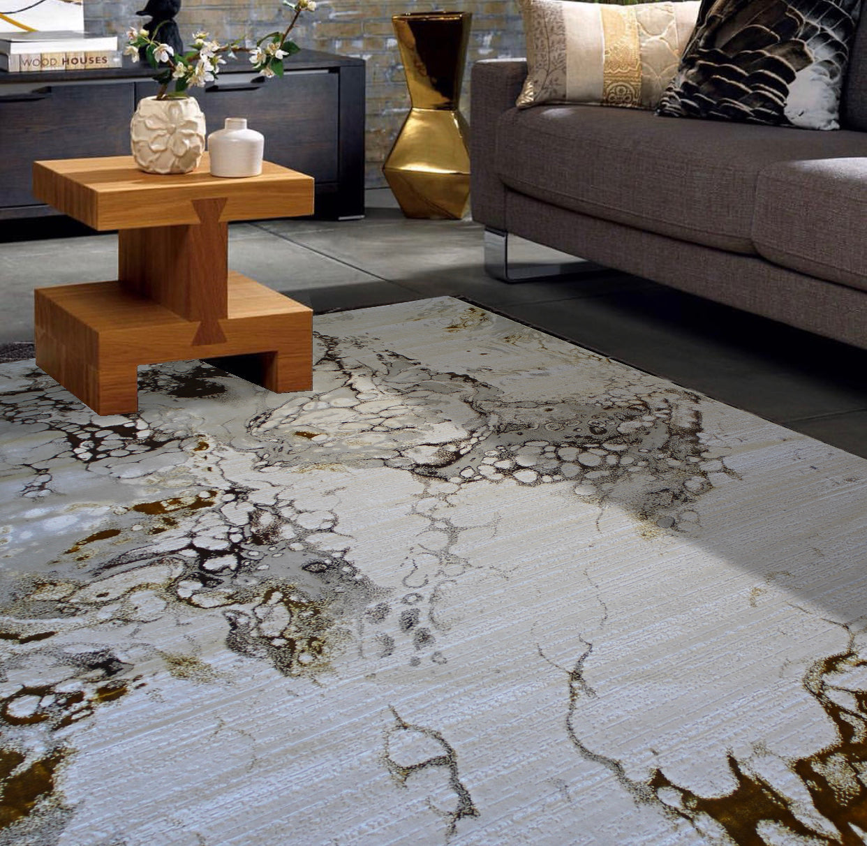 Polyester Golden Viscose Blend Abstract Design Rug/Carpet - Style# Maximus 188 - Color-Changing Flat Weave Rug