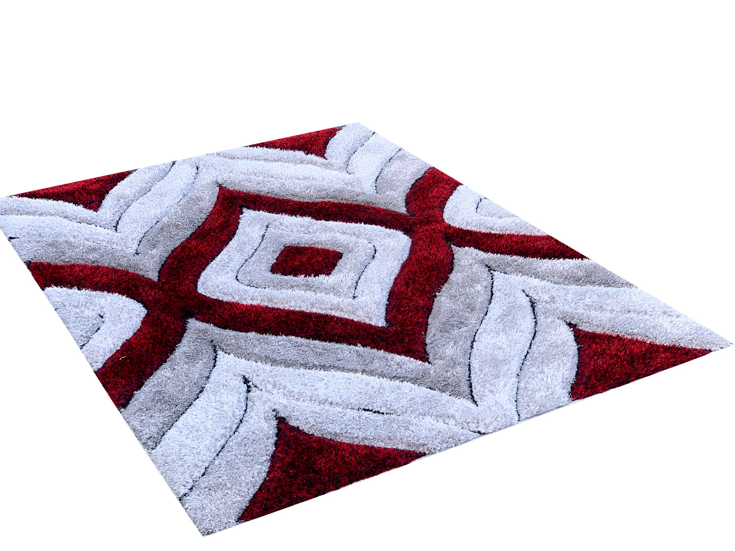 Touch of Red/Silver/Yellow Shag Area Rugs/Carpets | Style# SR-721 - Crafted from 100% Polyester, Plush Fluffy Shine 3D Geometric Design