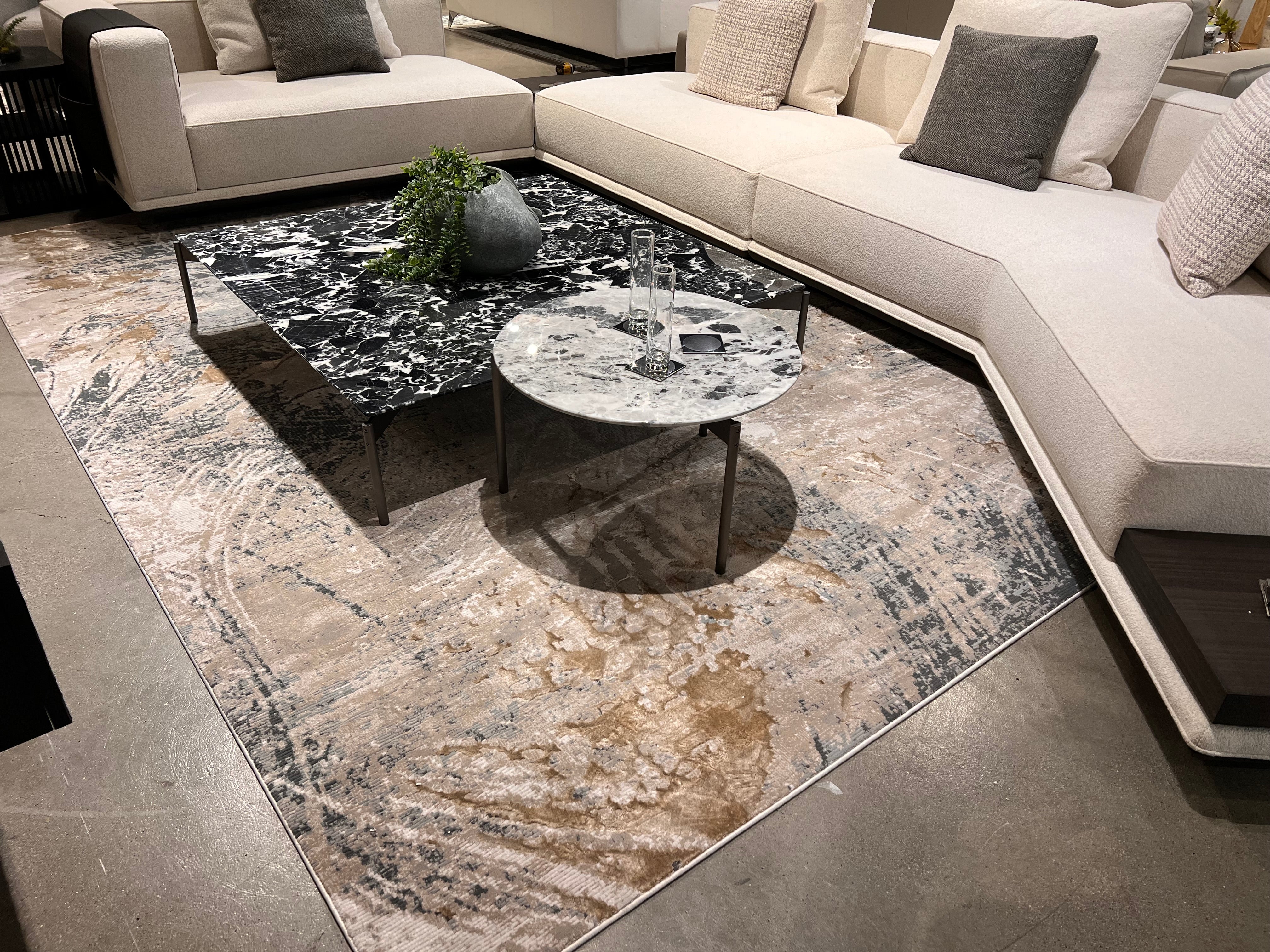 Crème Rug with Charcoal, Silver & Teal Marbled Abstract and Warm Mocha Tone-to-Tone High-Low Texture - METZ 4201.