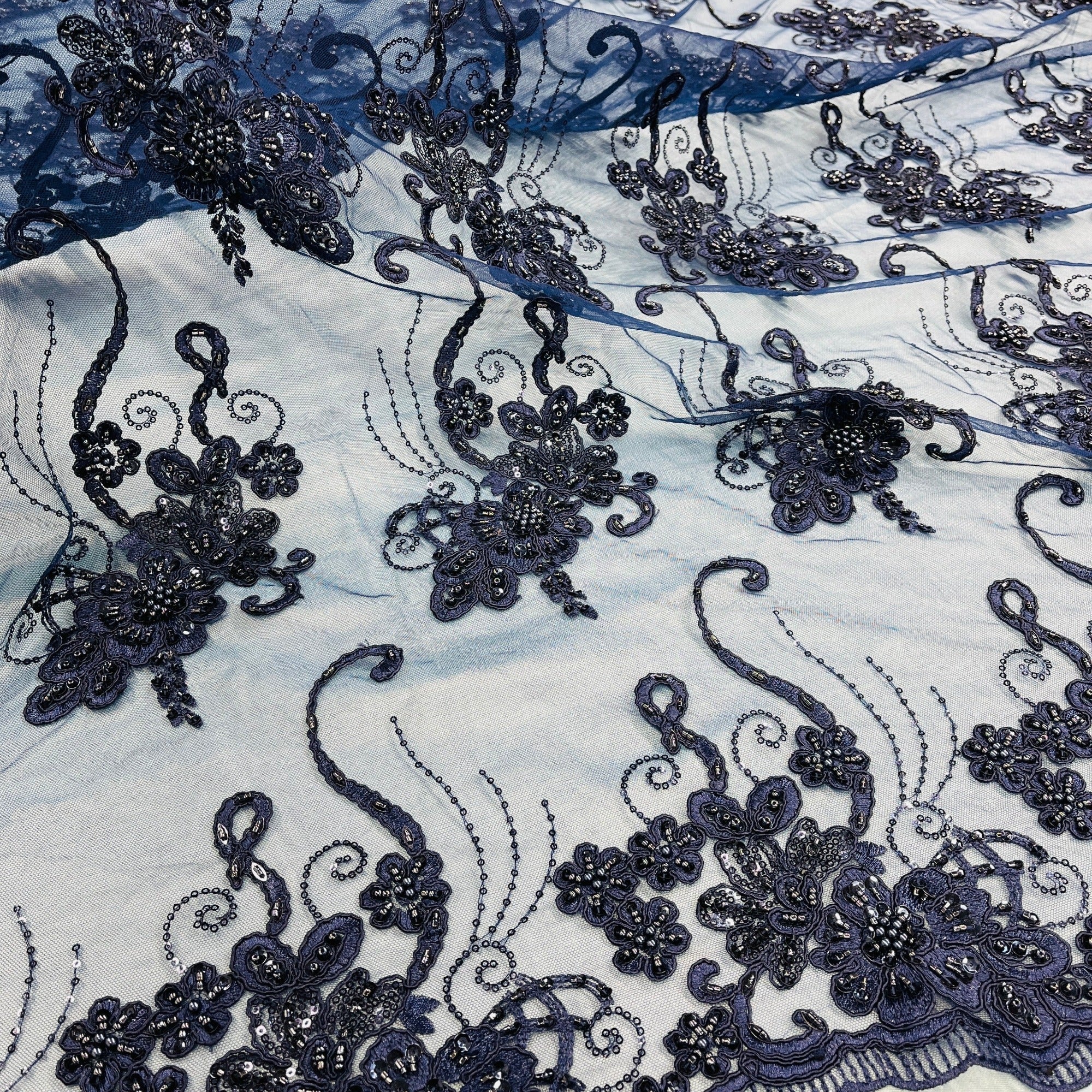 Beaded & Corded Lace Fabric Embroidered on 100% Polyester Net Mesh | Lace USA - GD-1807