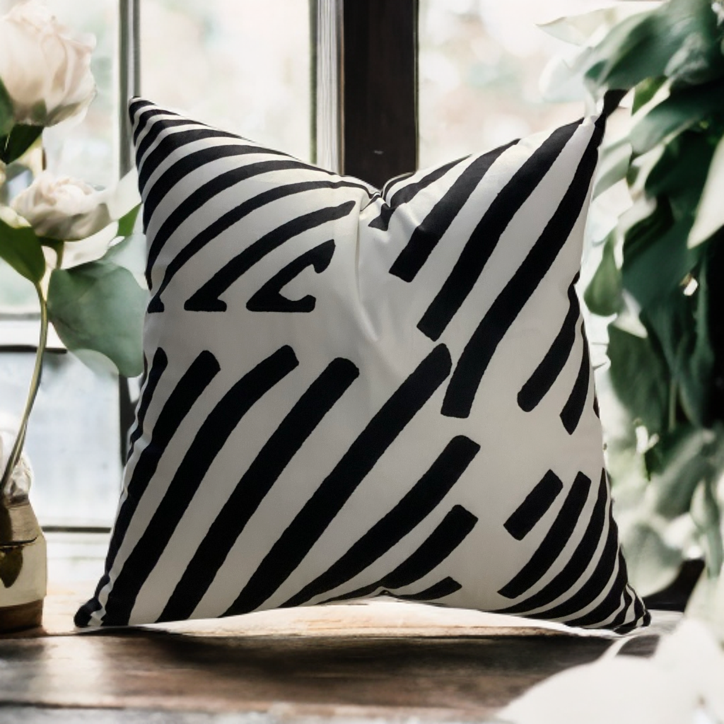 White Throw Pillow with Bold Black Velvet Geometric Design - VIVA019.