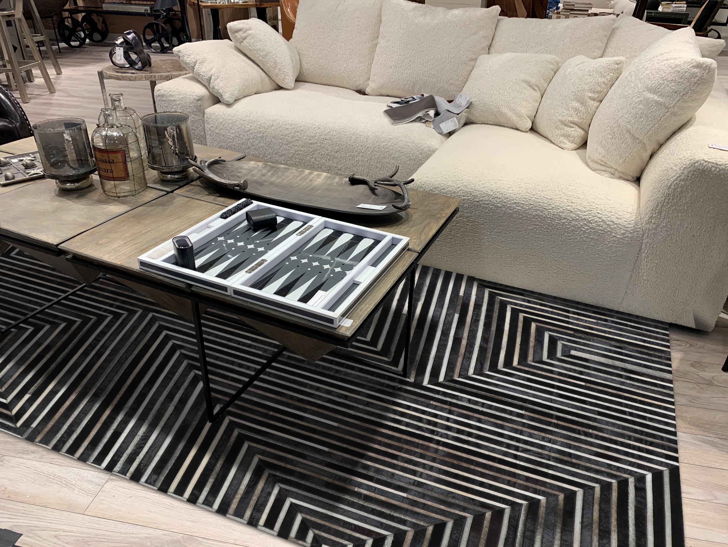 Geometric Earth-Tone Cowhide Rug – Black Base with Brown, Ivory & Grey Patchwork - Patchwork PCH212 Black
