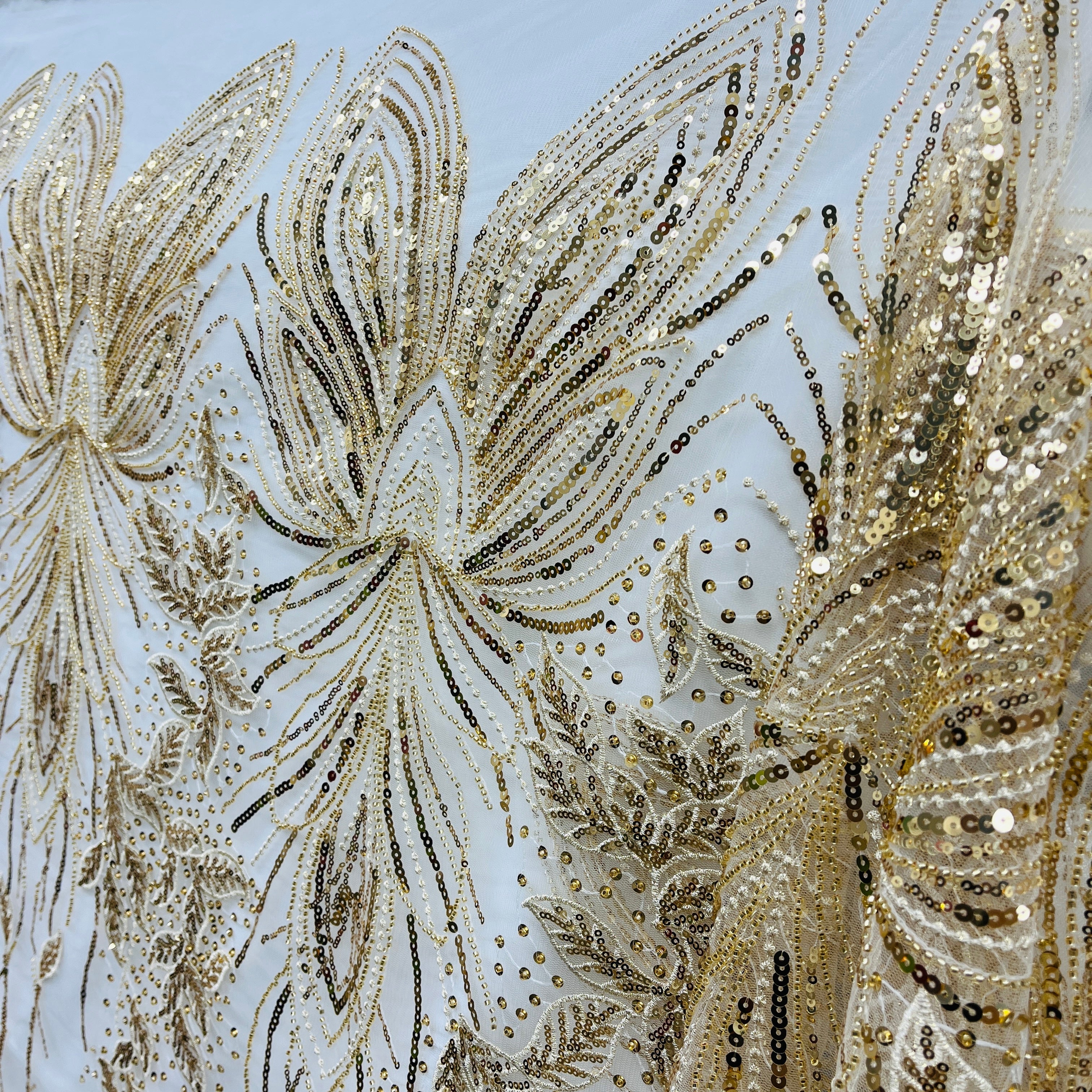 Beaded & Sequined Lace Fabric – Leaf & Vine Design | Lace USA - GD-2918