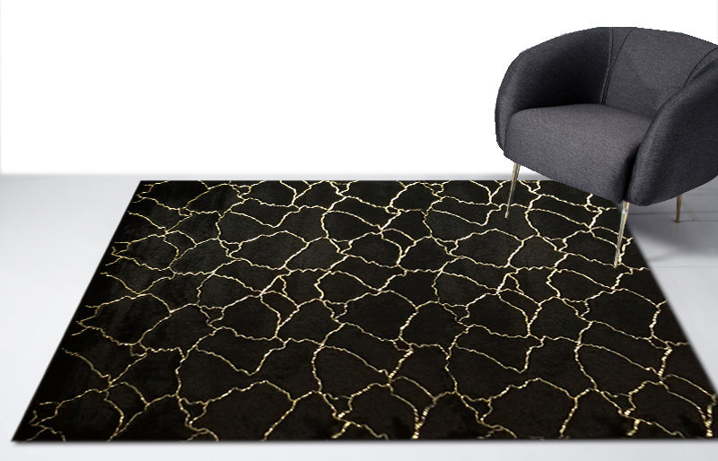 Black Marble with Silver Metallic Shimmery Design Faux Rabbit Touch Rug