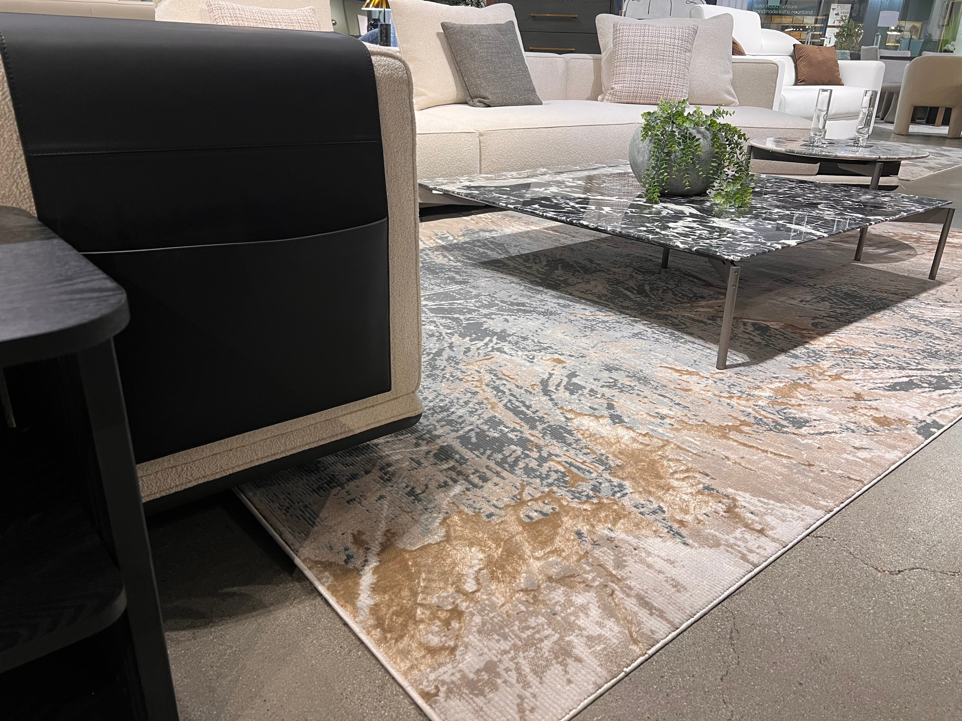 Crème Rug with Charcoal, Silver & Teal Marbled Abstract and Warm Mocha Tone-to-Tone High-Low Texture - METZ 4201.