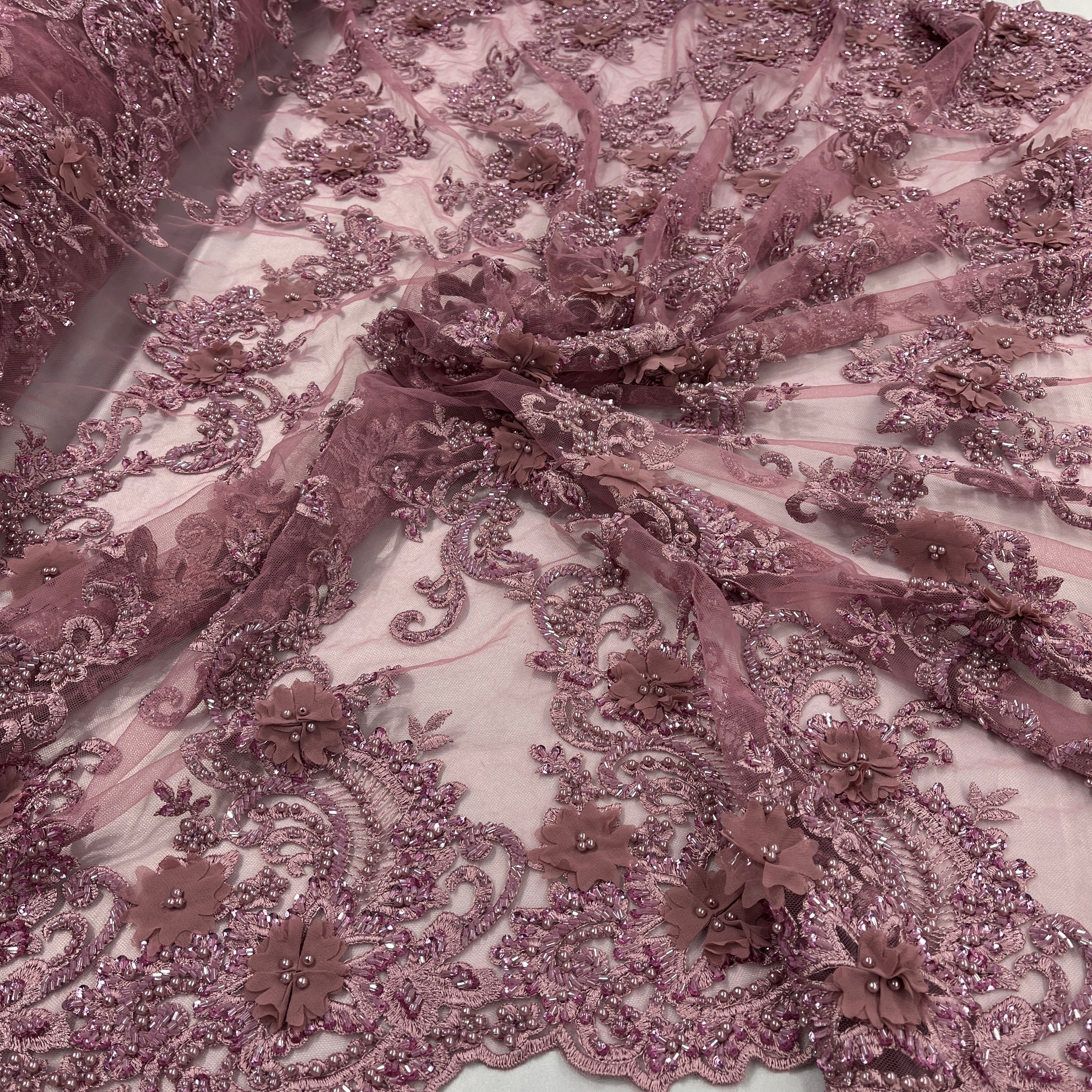 3D Beaded Floral Lace Fabric Embroidered on 100% Polyester Net Mesh | Lace USA - GD-2303