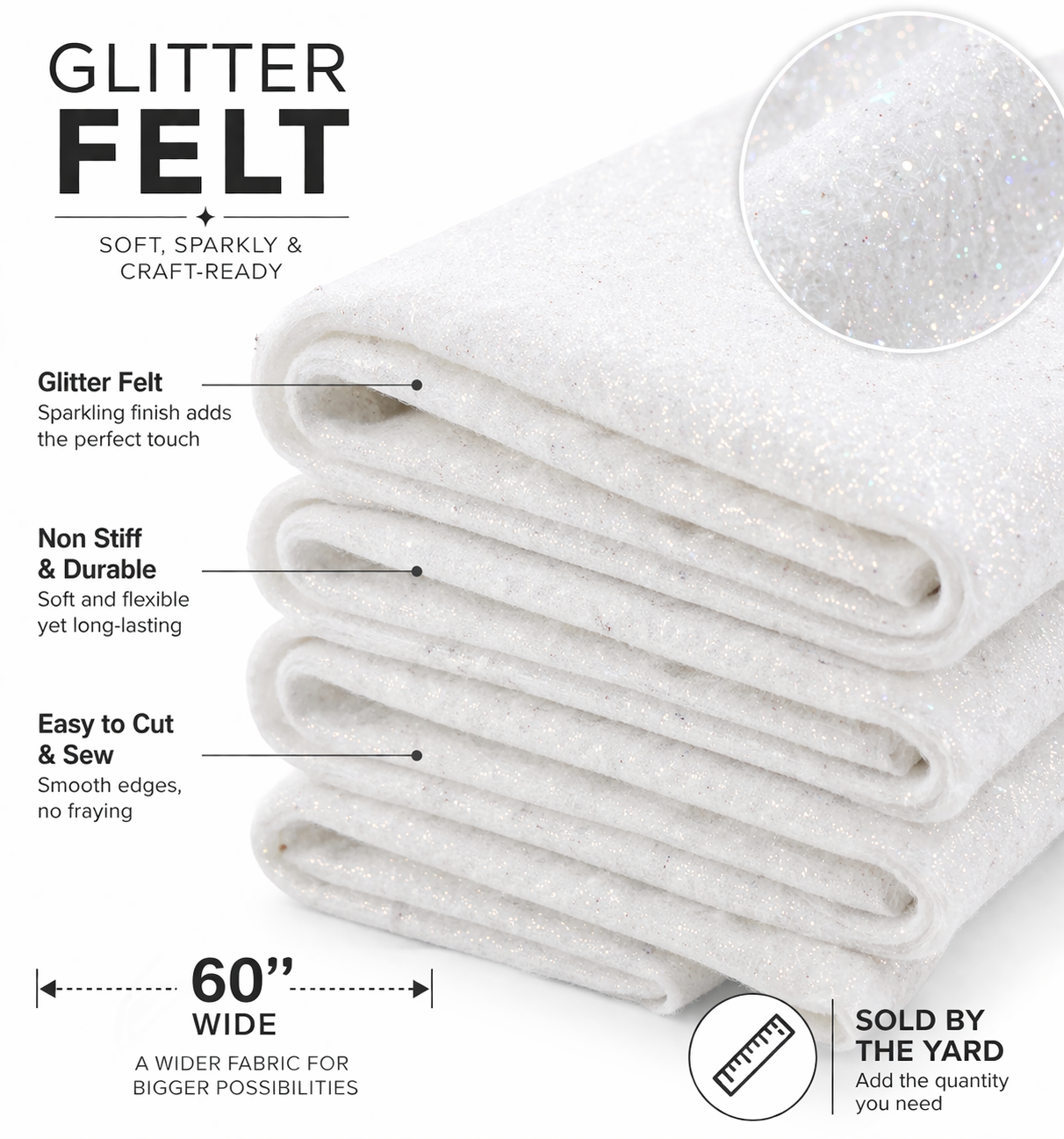 FabricLA Glitter Felt Fabric by The Yard – 60 Inch Wide Sparkly Felt, Non-Shedding Mess-Free Glitter Fabric for Crafts, Costumes & Decor – Easy Cut & Sew