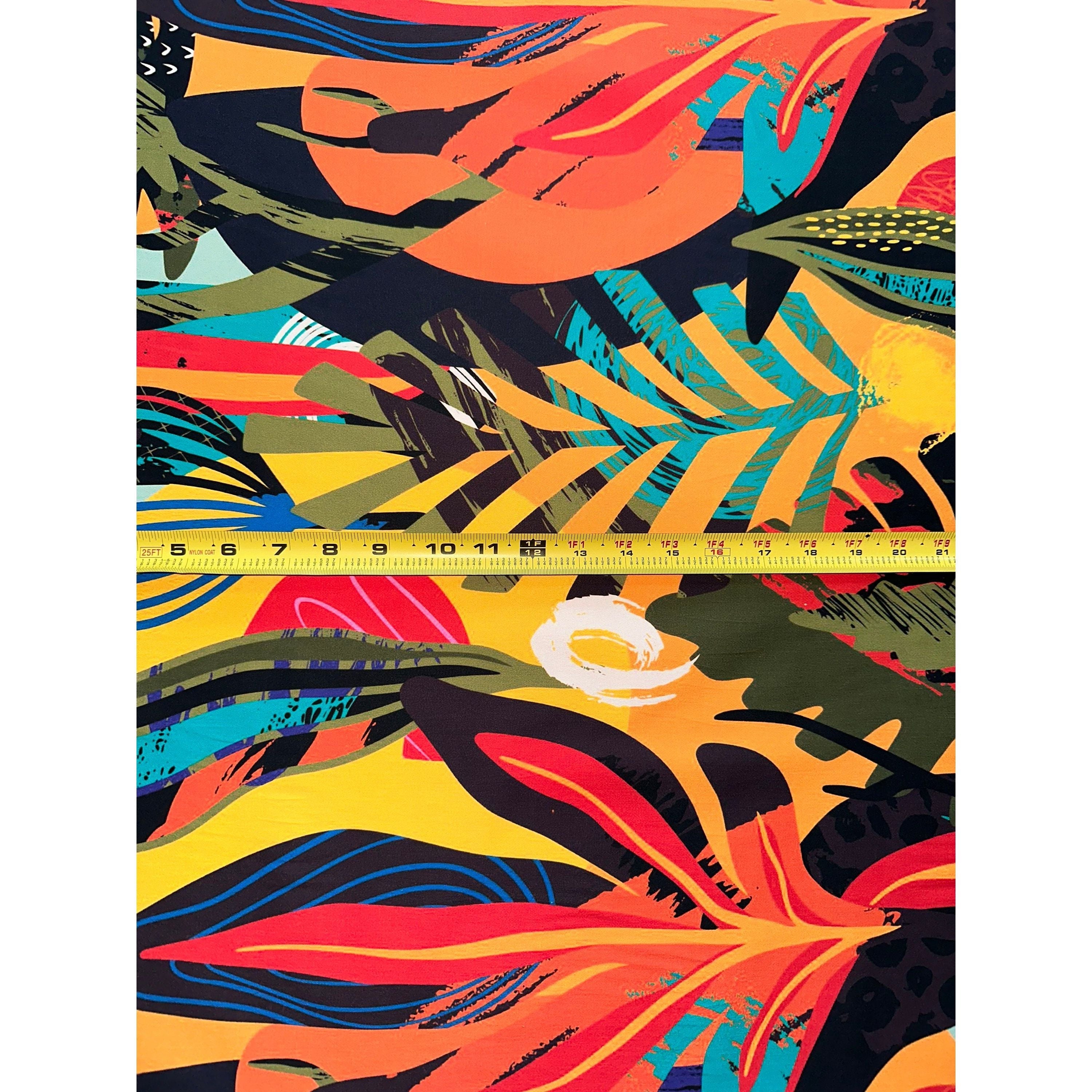 African Print, Stretch Cotton Satin Fabric- Orange, Yellow, Teal, Green, Blue, Black "Kalahari Camo", Per Yard