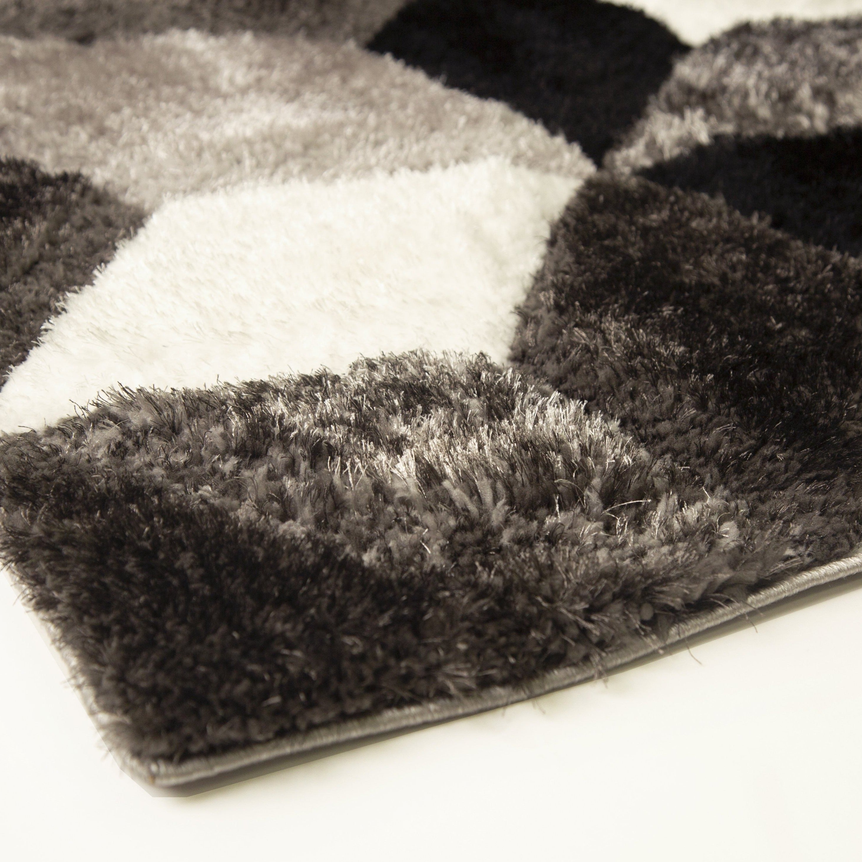 Silver Black White Shag Area Rug/Carpet | Style# SR-729 - Crafted from 100% Polyester, Plush Fluffy Shine 3D Geometric Design