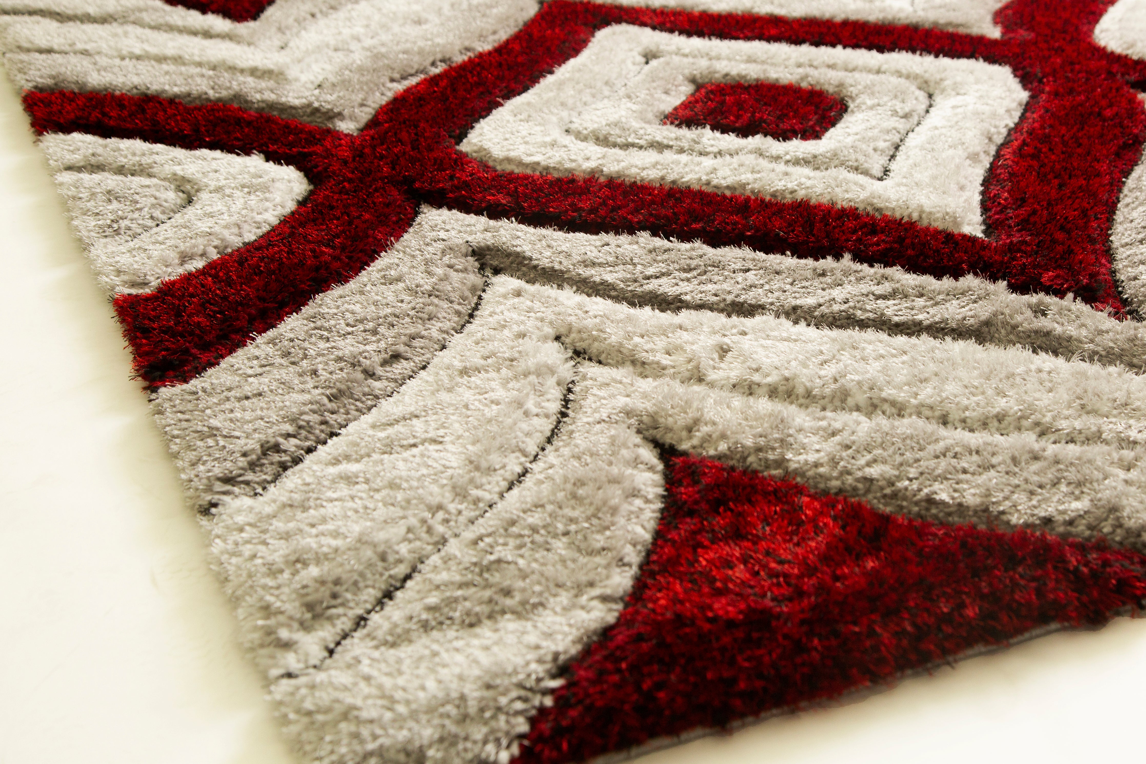 Touch of Red/Silver/Yellow Shag Area Rugs/Carpets | Style# SR-721 - Crafted from 100% Polyester, Plush Fluffy Shine 3D Geometric Design