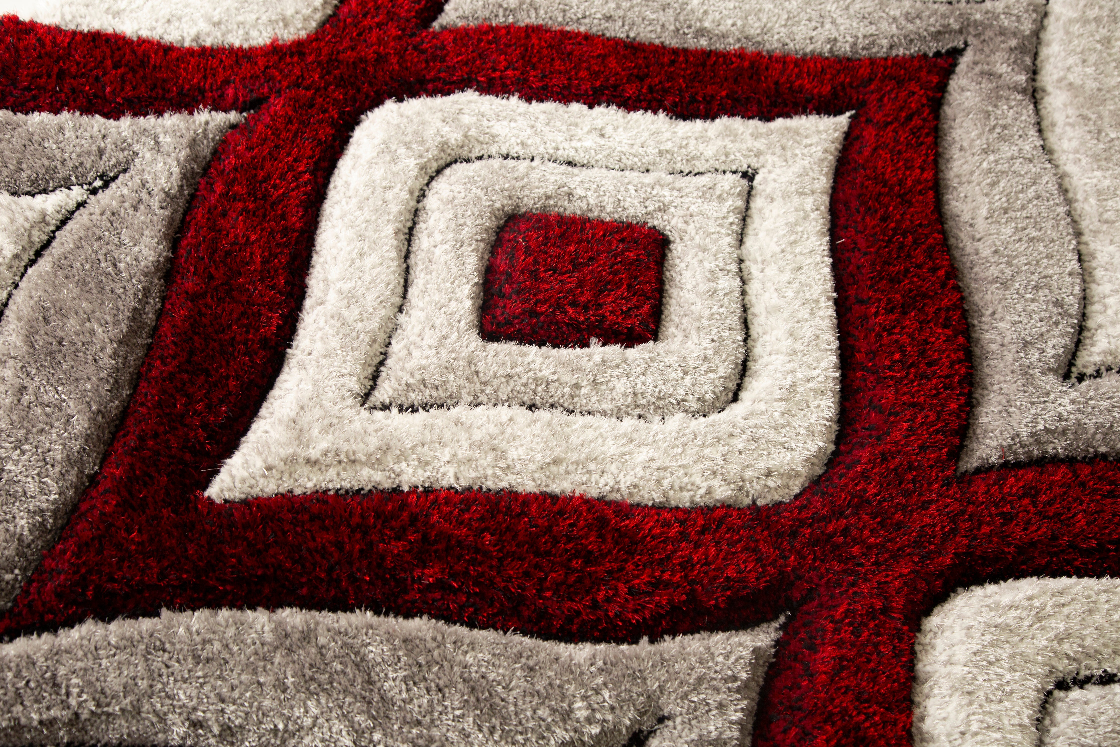 Touch of Red/Silver/Yellow Shag Area Rugs/Carpets | Style# SR-721 - Crafted from 100% Polyester, Plush Fluffy Shine 3D Geometric Design