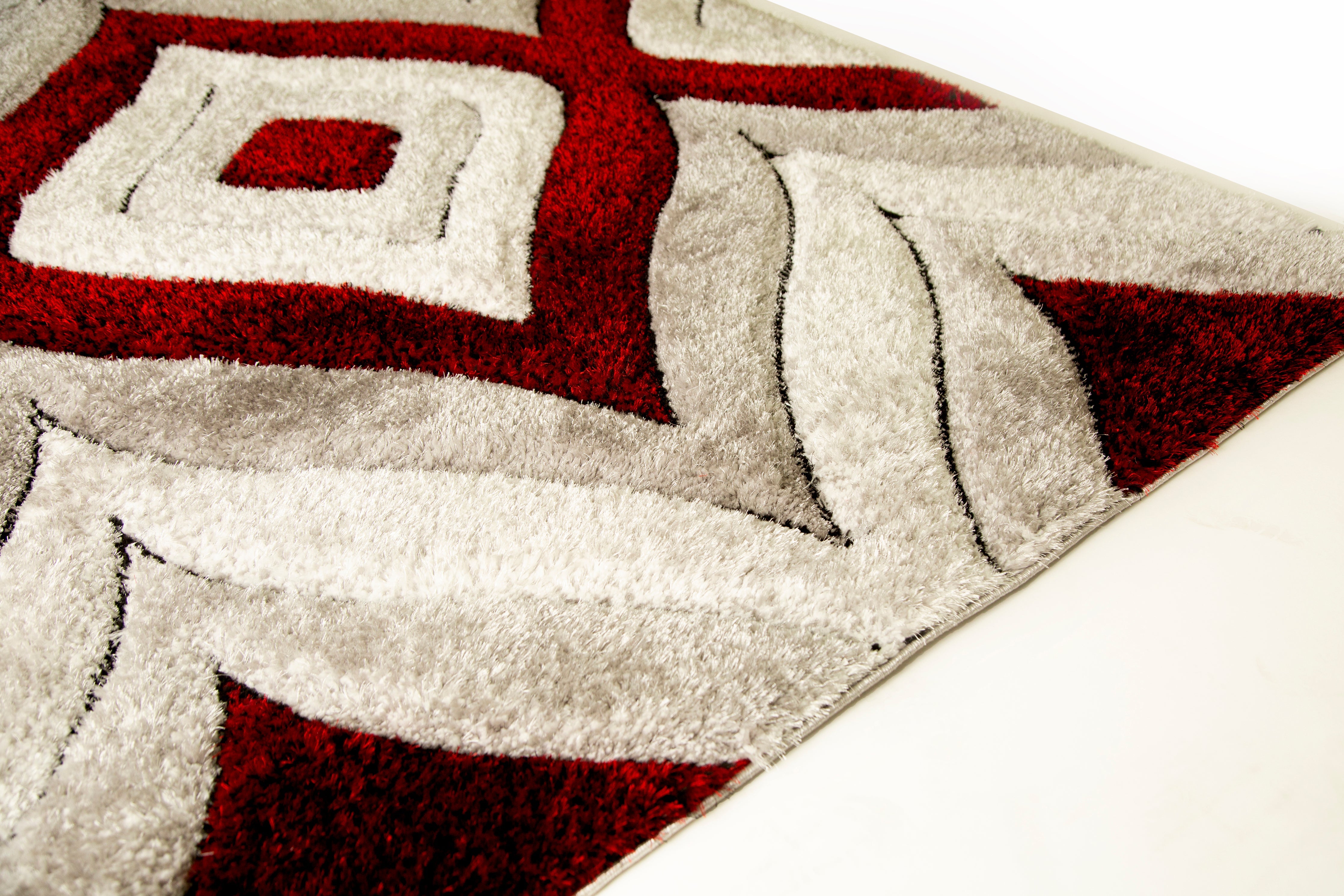 Touch of Red/Silver/Yellow Shag Area Rugs/Carpets | Style# SR-721 - Crafted from 100% Polyester, Plush Fluffy Shine 3D Geometric Design