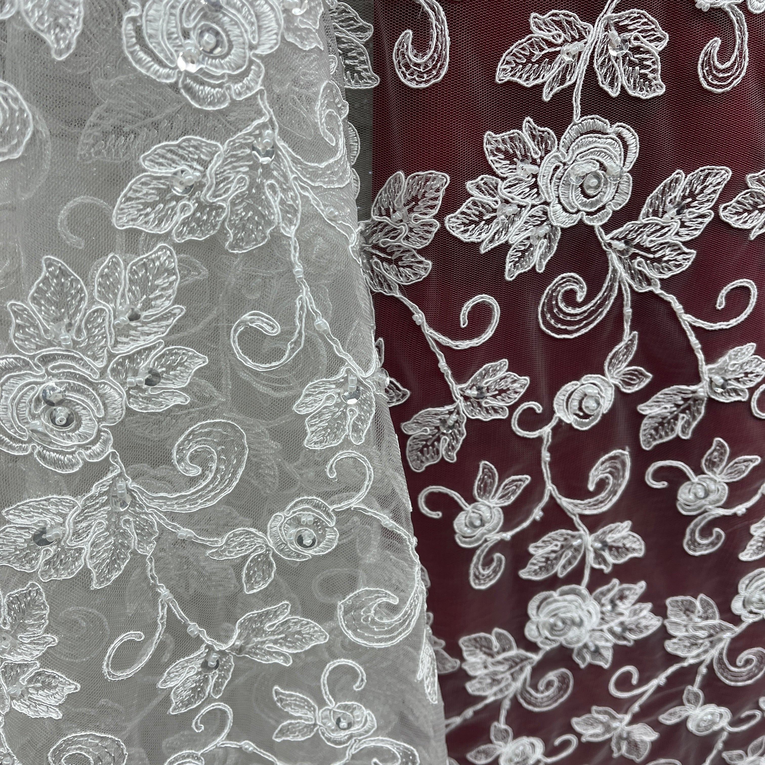 Beaded & Corded Floral  Bridal Lace Fabric  | Lace USA - 95042W-BP
