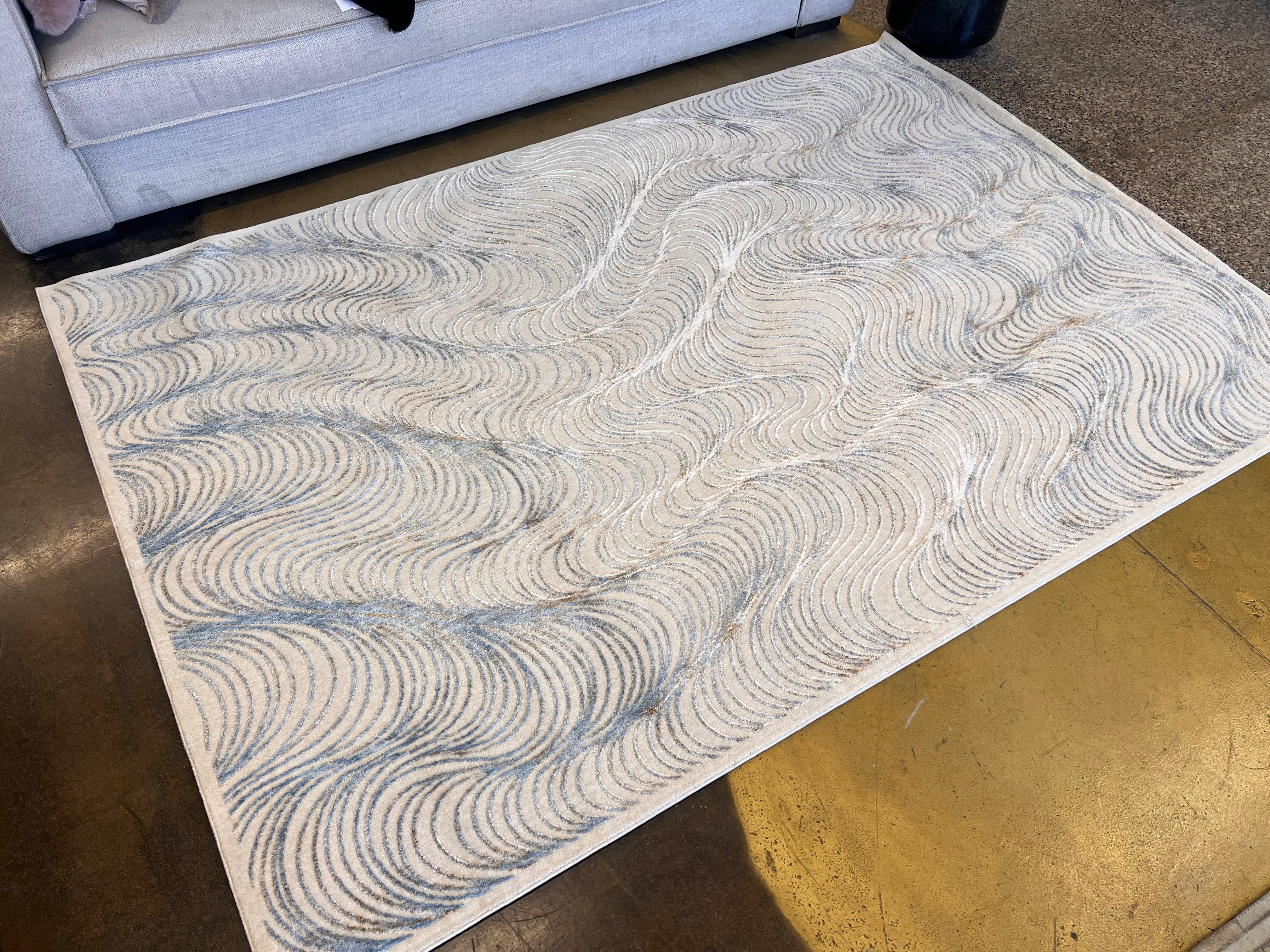 Modern Cream Rug with Blue, Gold-Brown & Silver Viscose Swirl Accents - KAI 304