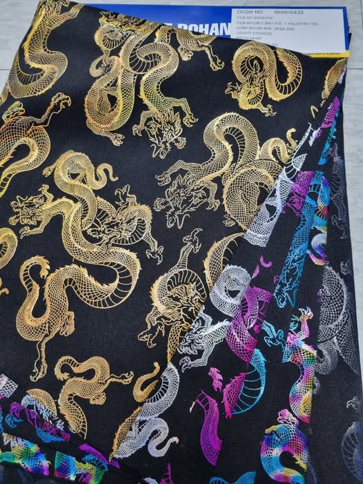 Stretch Nylon Spandex Fabric with Asian Dragon Hologram  | Spandex Palace