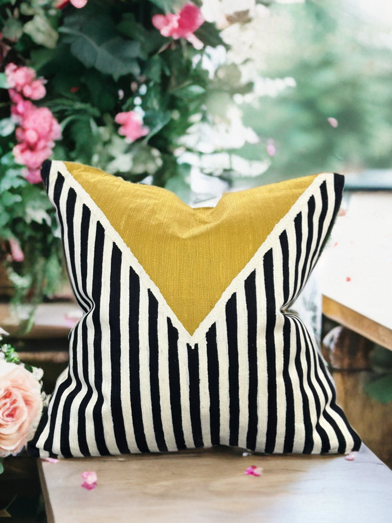 White Base Decorative Throw Pillow with Black & Ivory Geometric Embroidery and Mustard Graphic - VIVA012.
