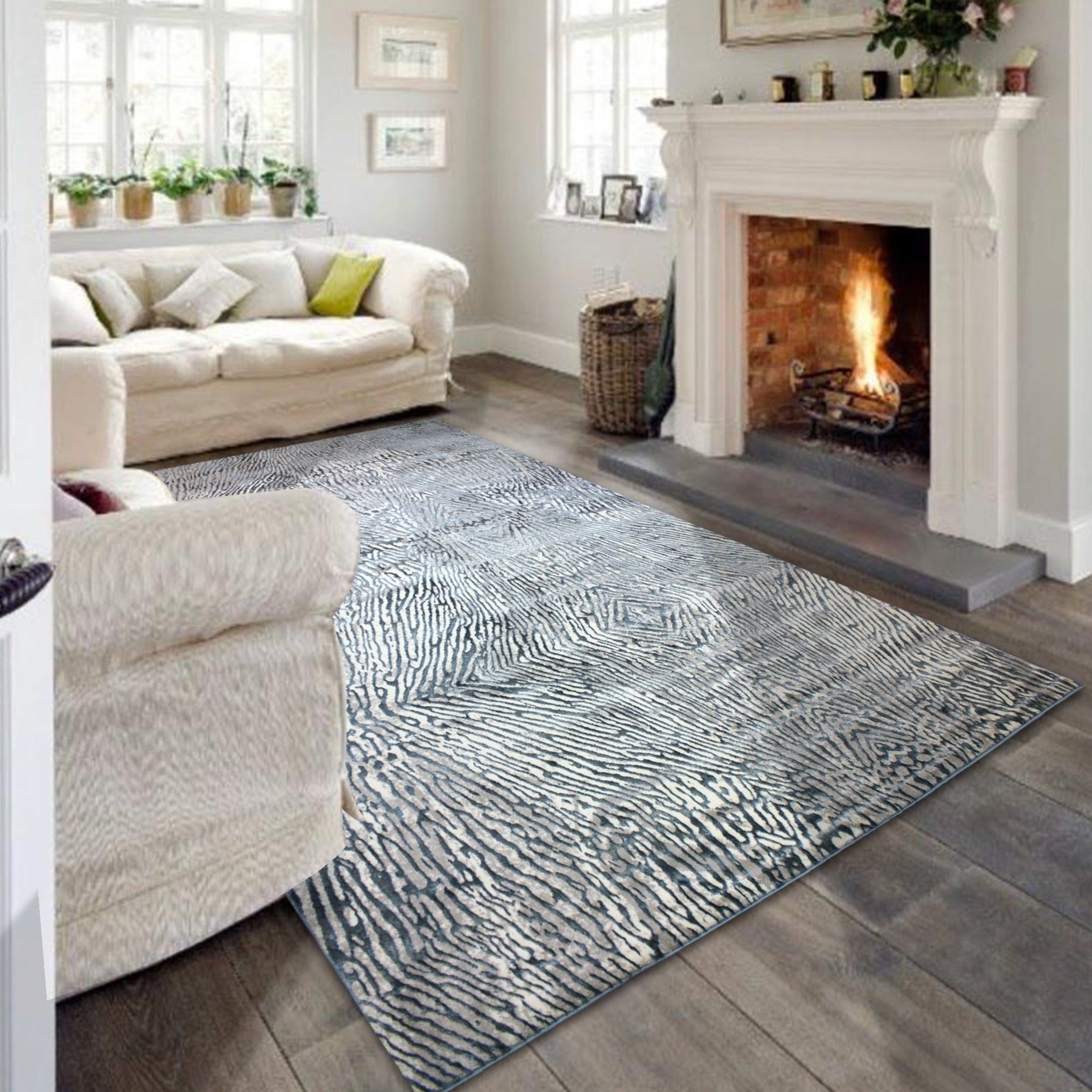 Soft Shiny Cozy Comfort Abstract Navy Blue Ivory Design Area Rug/ Carpet