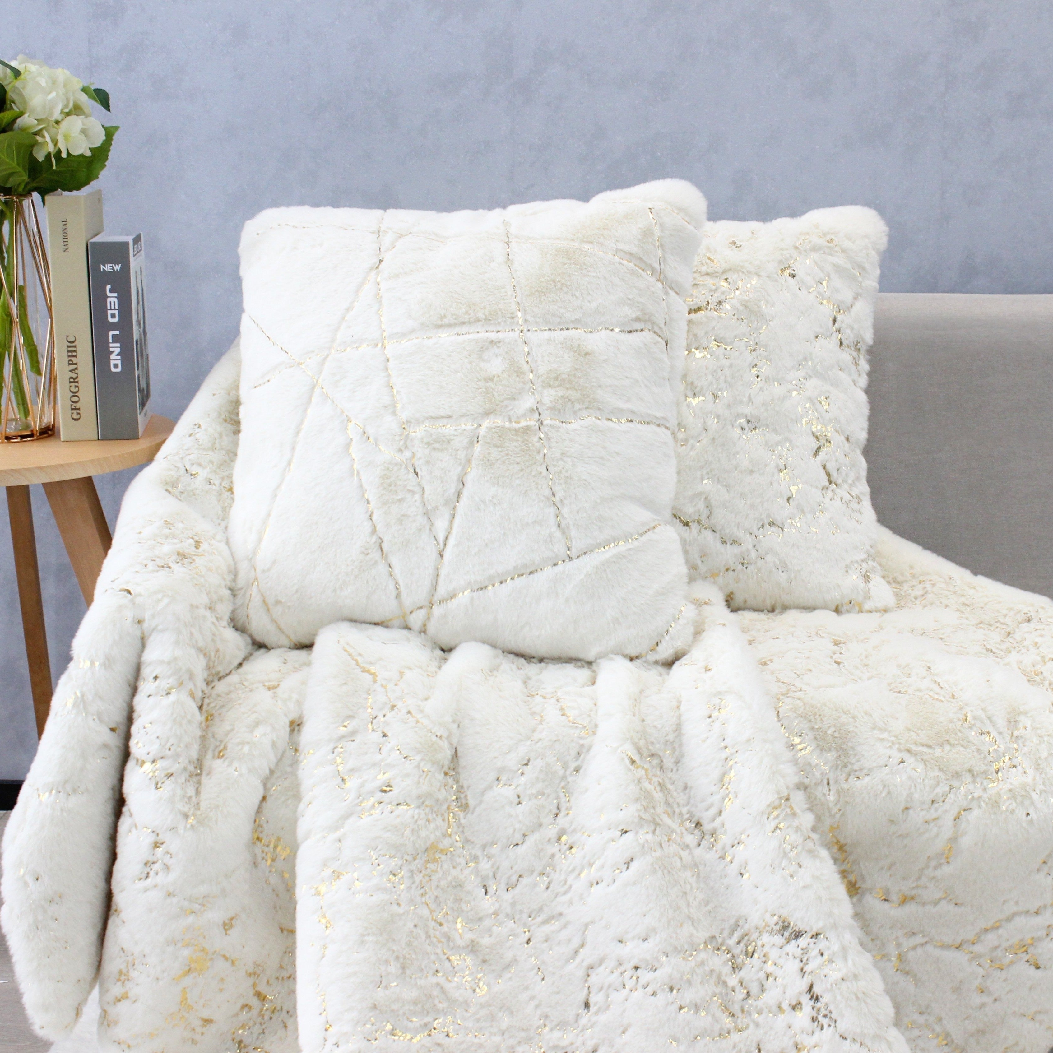 Golden Faux Fur Glow Fluffy Pillow with Shimmery Foil Illuminating Effect