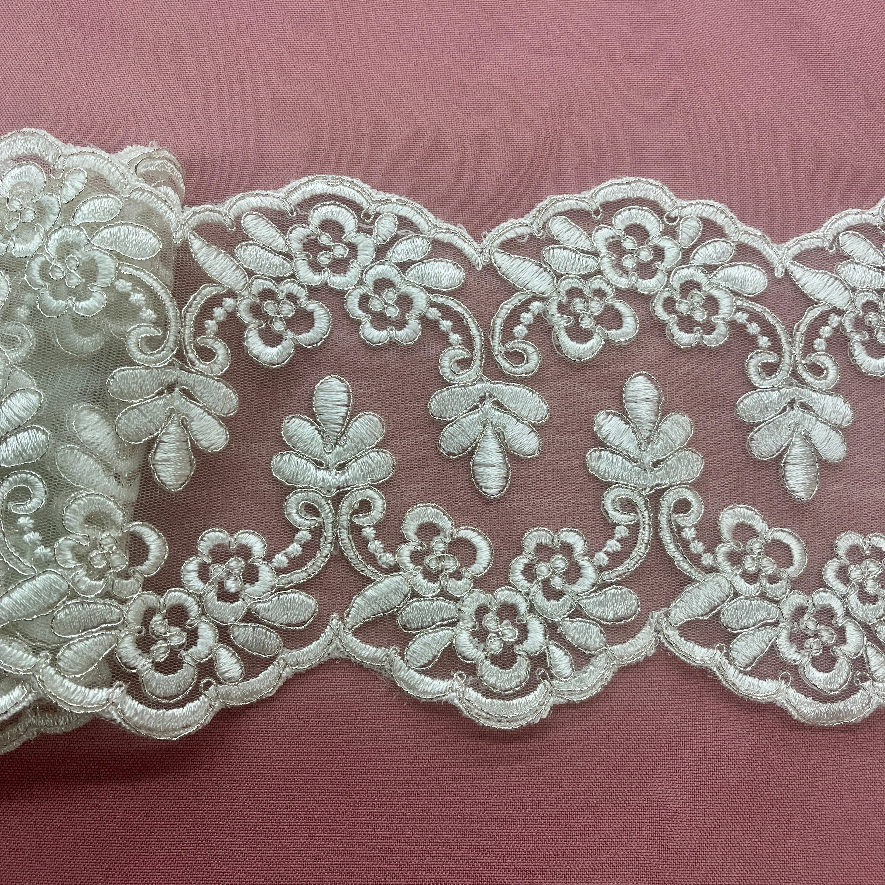 Double-Sided Floral Corded Lace Trim with Scalloped Edge – 6" Wide | Lace USA - 95967W/2