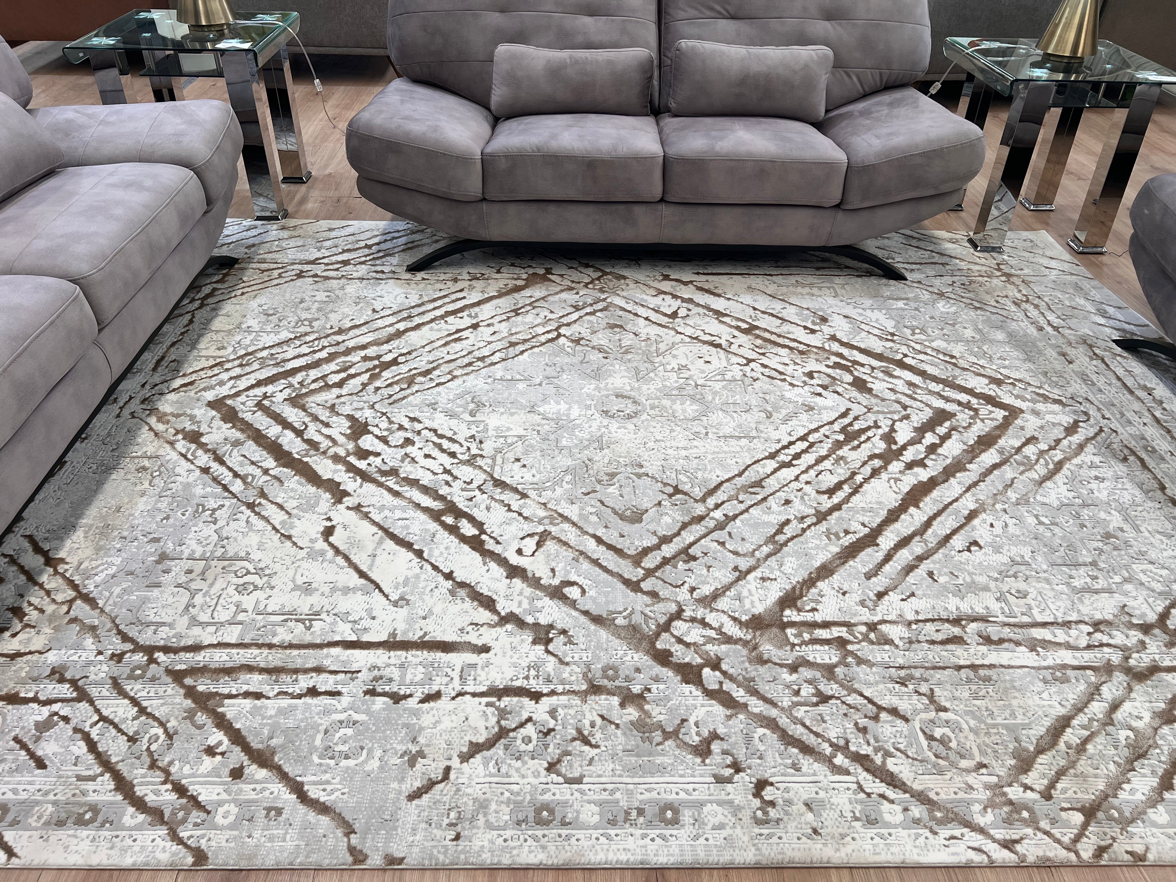 Taupe Rug with Geometric Tone-to Tone Mocha High-Low Pattern - METZ 4206.