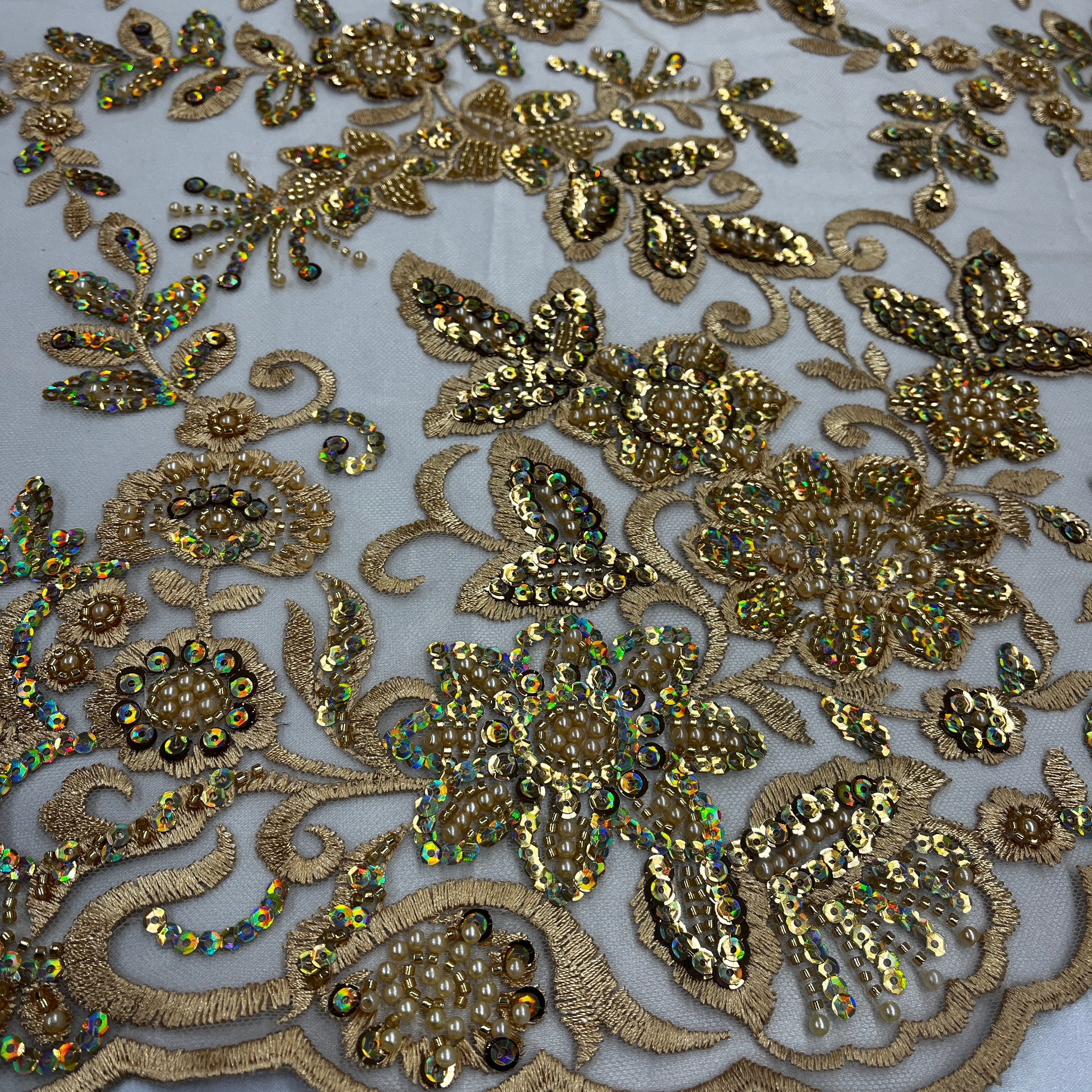 Beaded & Sequined Sparkling Lace Fabric Embroidered on 100% Polyester Net Mesh | Lace USA - GD-2218
