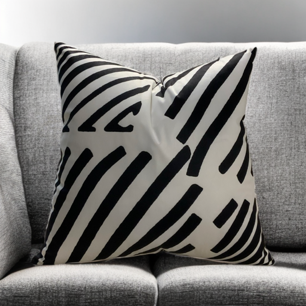 White Throw Pillow with Bold Black Velvet Geometric Design - VIVA019.