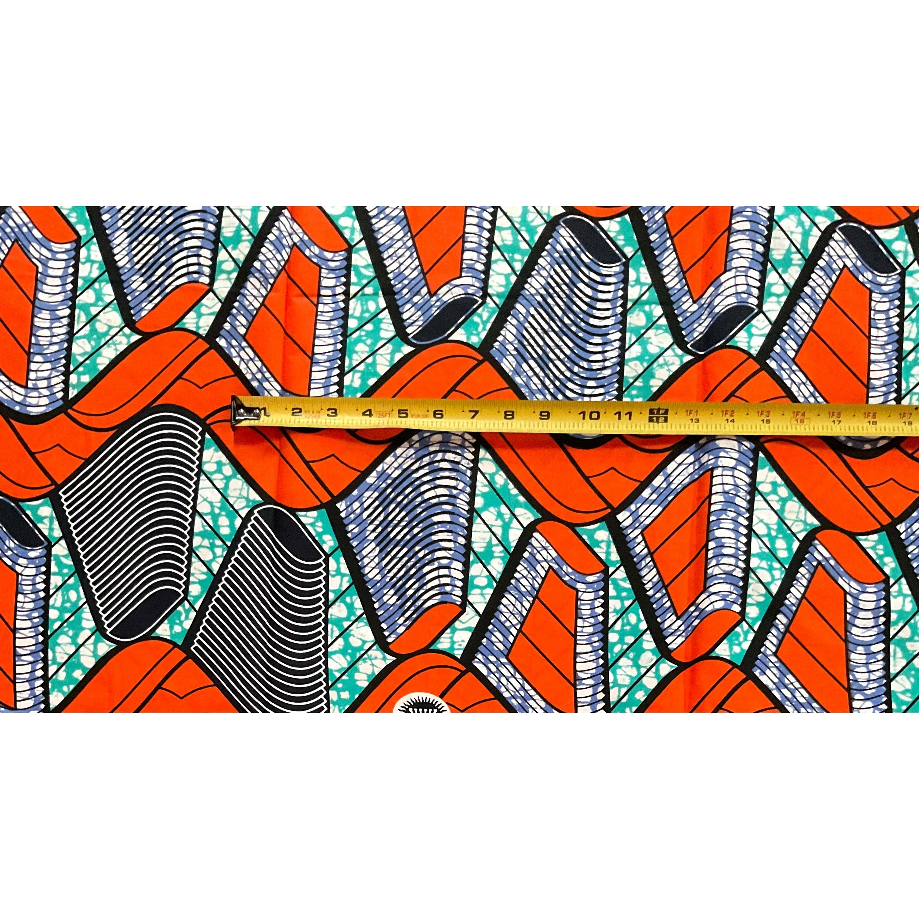 African Print Fabric/ Ankara - Orange, Turquoise, Blue 'Yasin' Design, YARD or WHOLESALE