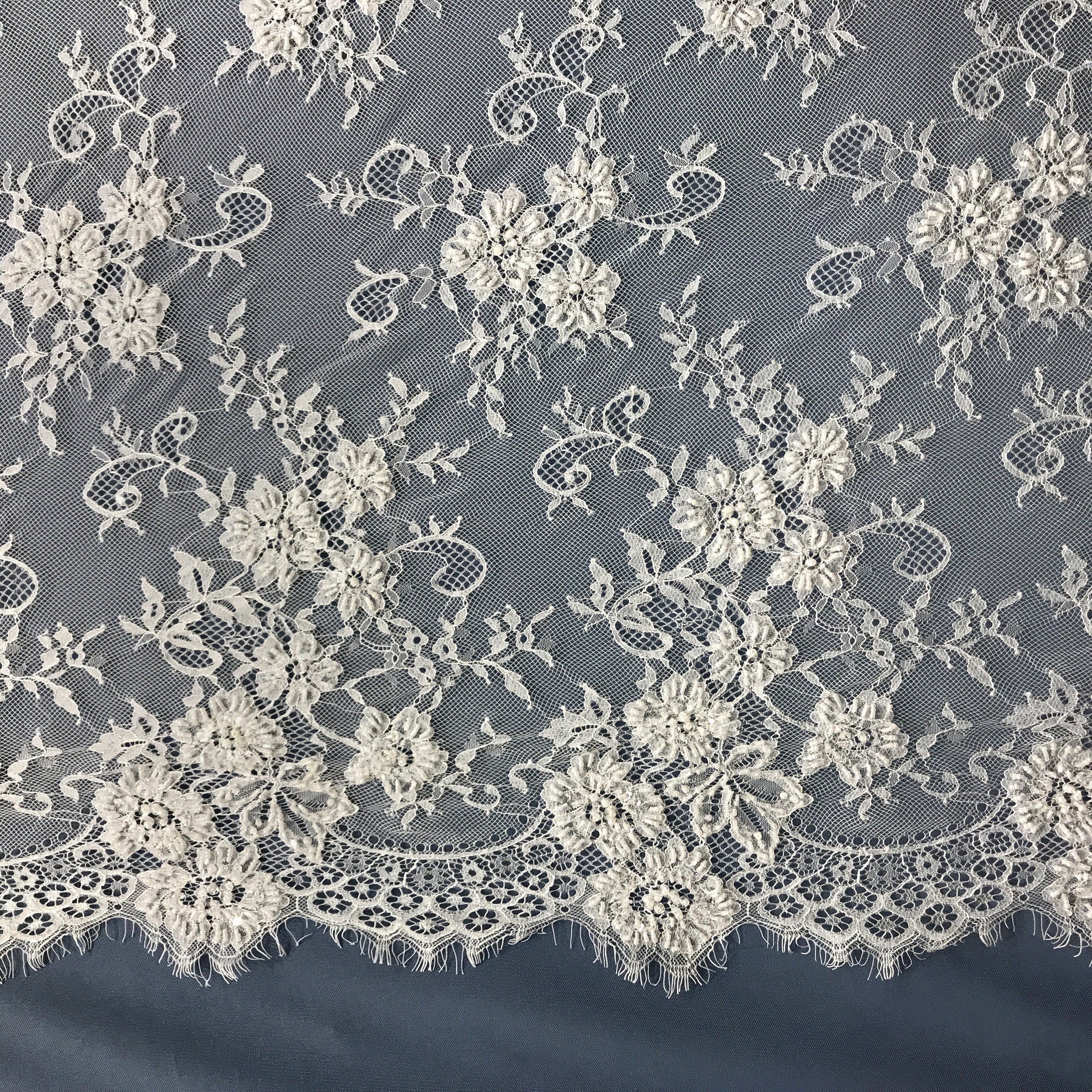 Beaded Chantilly Embroidered Lace Fabric with Double SIde Eyelash Scallop - 3 Yards | Lace USA - 68125W-BP
