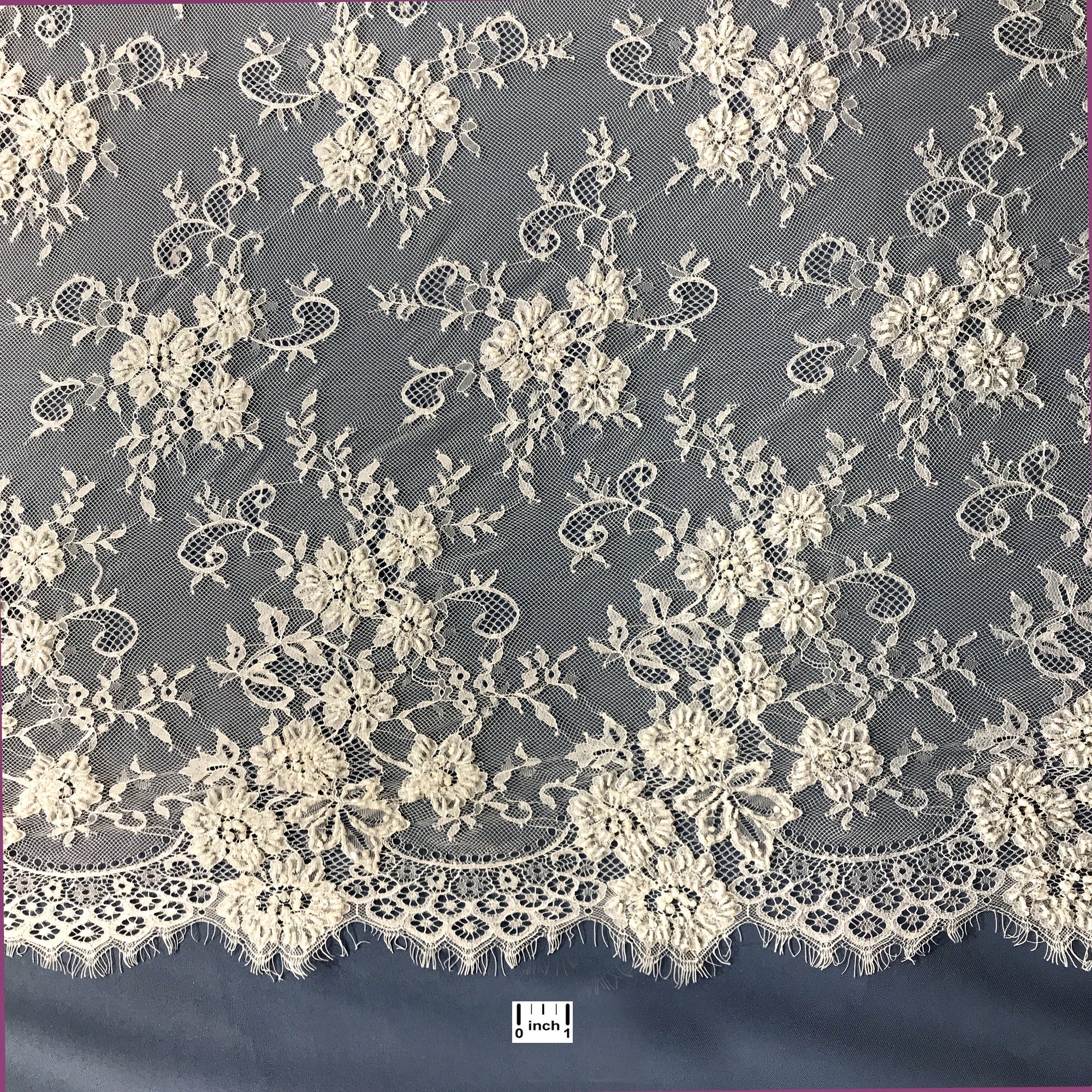 Beaded Chantilly Embroidered Lace Fabric with Double SIde Eyelash Scallop - 3 Yards | Lace USA - 68125W-BP