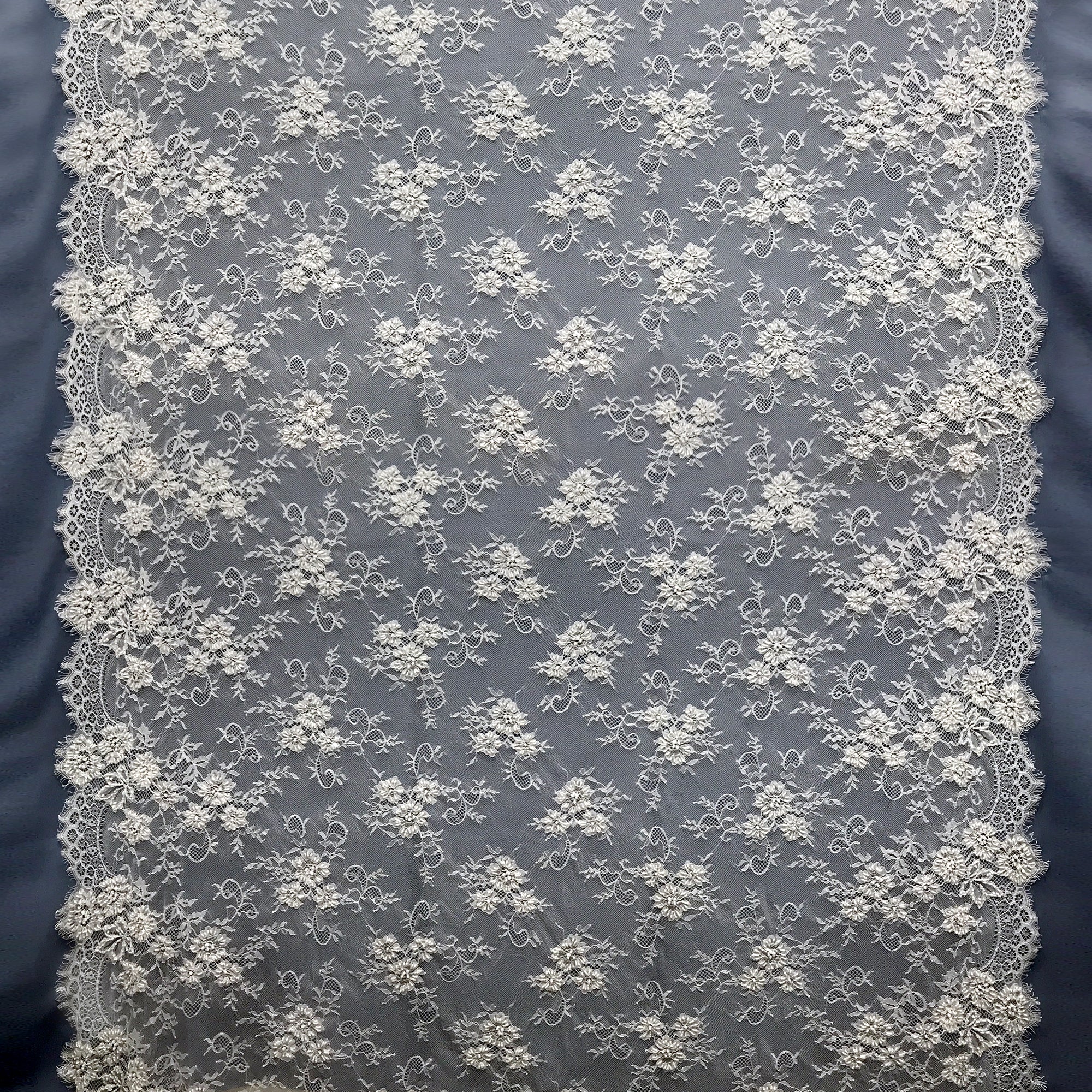 Beaded Chantilly Embroidered Lace Fabric with Double SIde Eyelash Scallop - 3 Yards | Lace USA - 68125W-BP