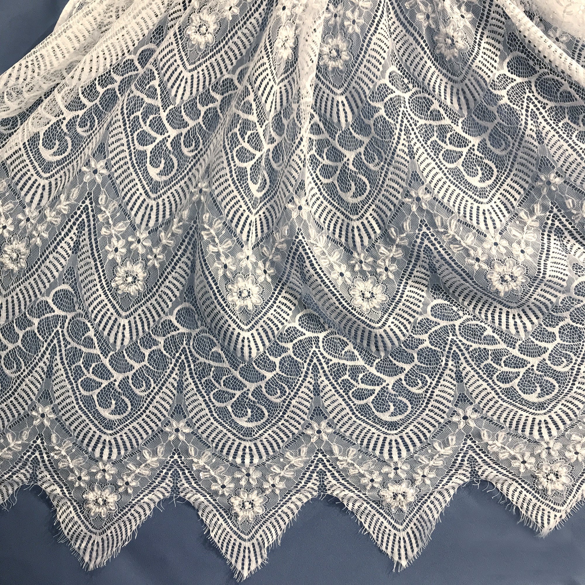 Beaded Chantilly Embroidered Lace Fabric with Eyelash Scallop - 3 Yards | Lace USA - 68137W-BP