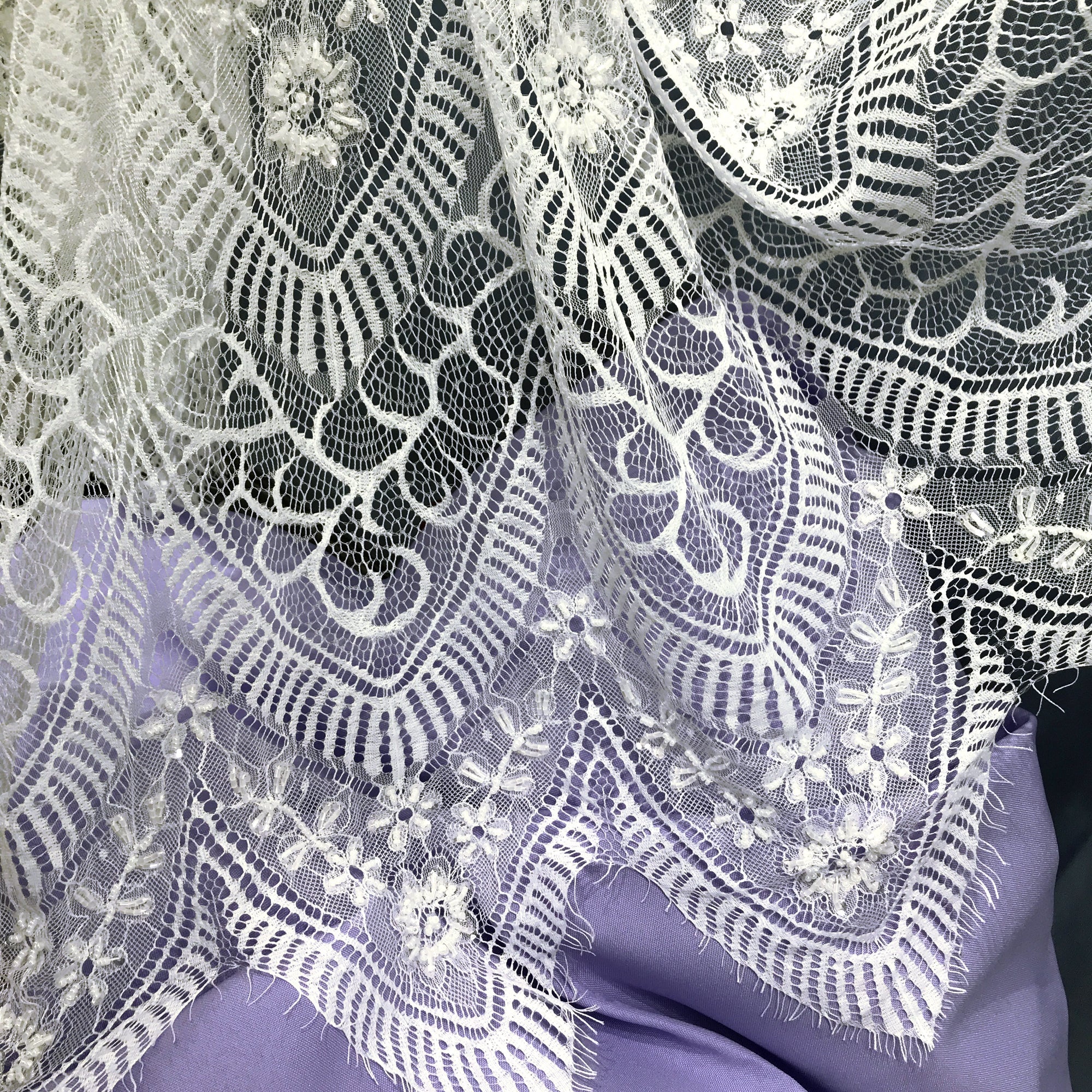 Beaded Chantilly Embroidered Lace Fabric with Eyelash Scallop - 3 Yards | Lace USA - 68137W-BP