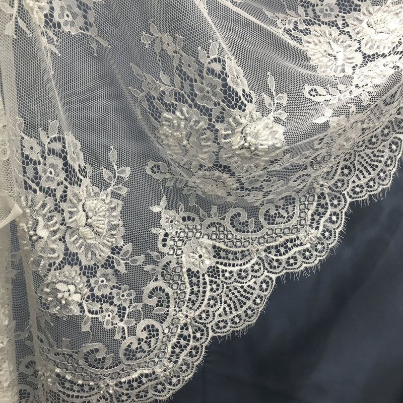 Beaded Chantilly Embroidered Lace Fabric with Eyelash Scallop - 3 Yards | Lace USA - 68138W-BP