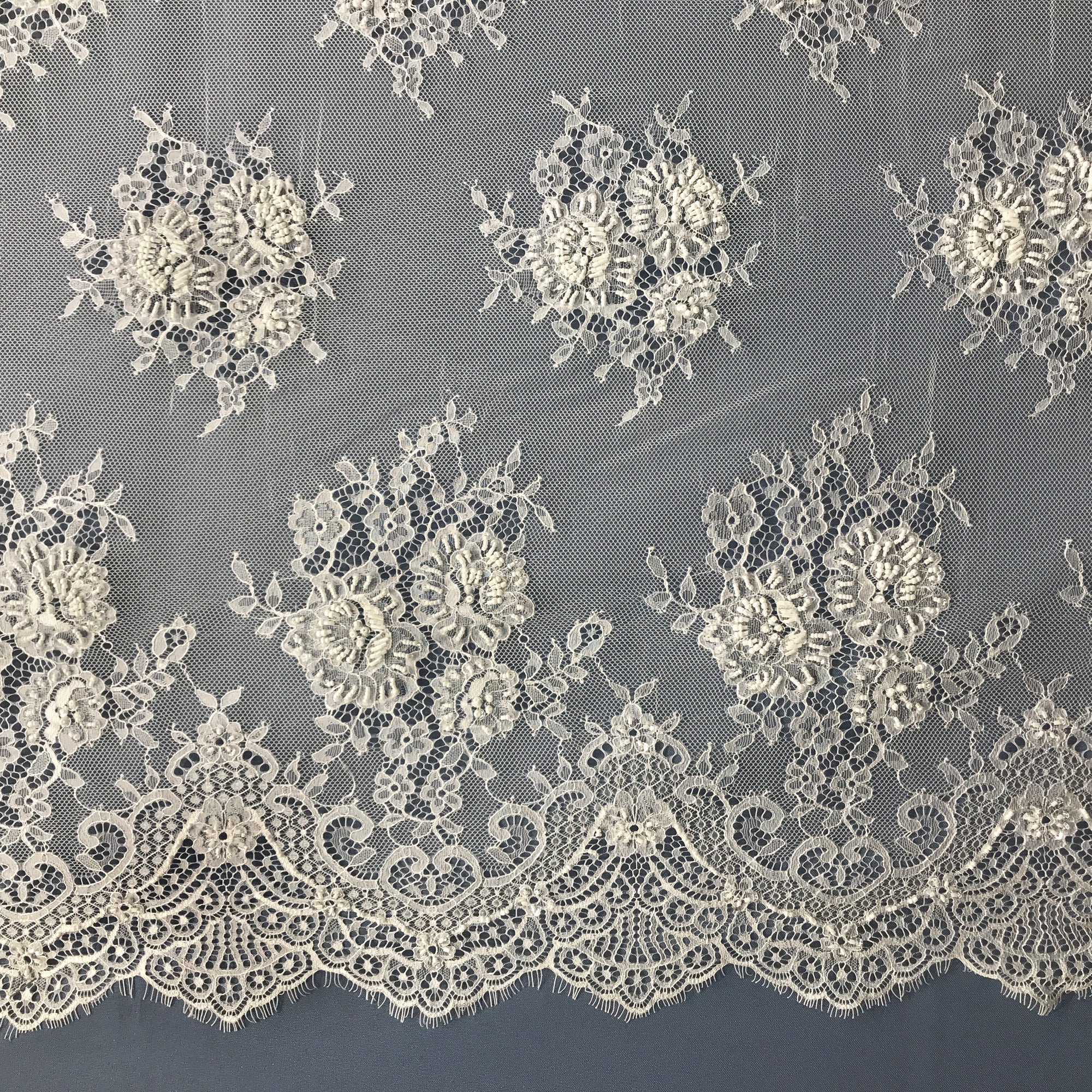 Beaded Chantilly Embroidered Lace Fabric with Eyelash Scallop - 3 Yards | Lace USA - 68138W-BP