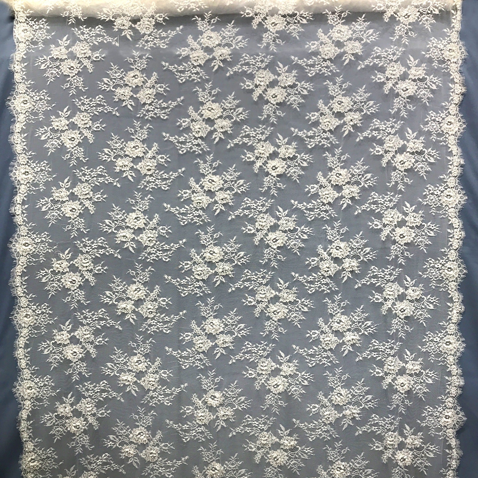 Beaded Chantilly Embroidered Lace Fabric with Eyelash Scallop - 3 Yards | Lace USA - 68139W-BP