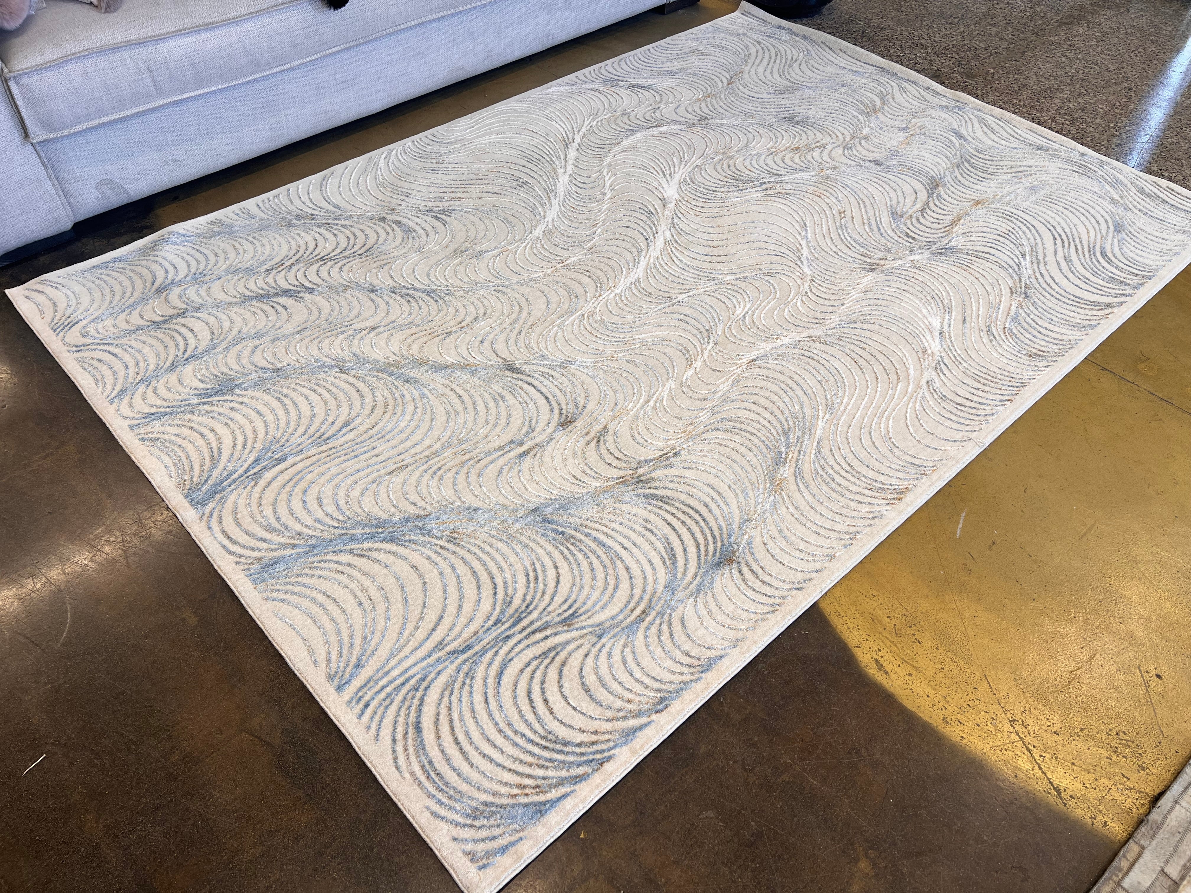 Modern Cream Rug with Blue, Gold-Brown & Silver Viscose Swirl Accents - KAI 304