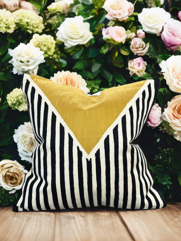 White Base Decorative Throw Pillow with Black & Ivory Geometric Embroidery and Mustard Graphic - VIVA012.