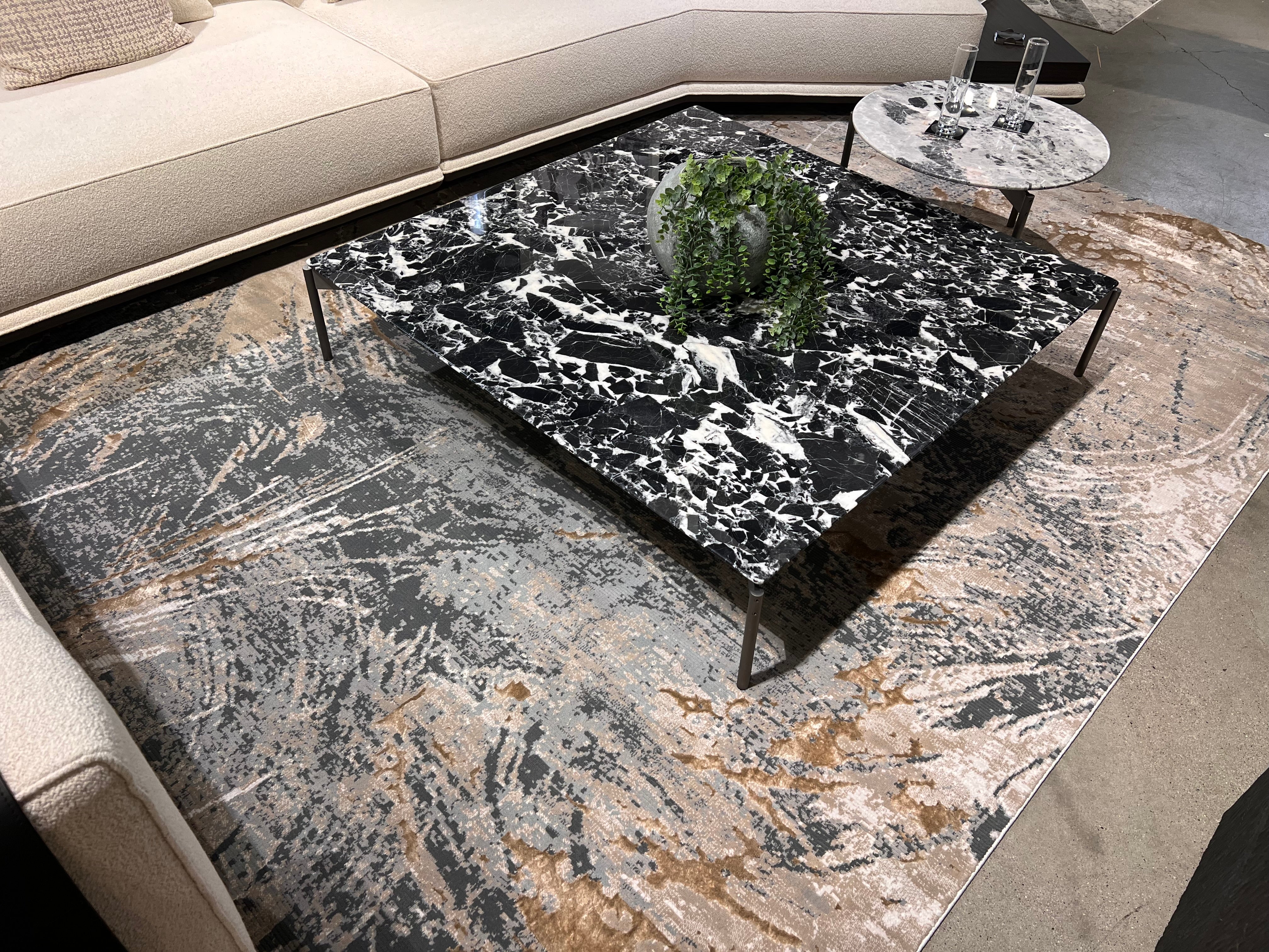 Crème Rug with Charcoal, Silver & Teal Marbled Abstract and Warm Mocha Tone-to-Tone High-Low Texture - METZ 4201.