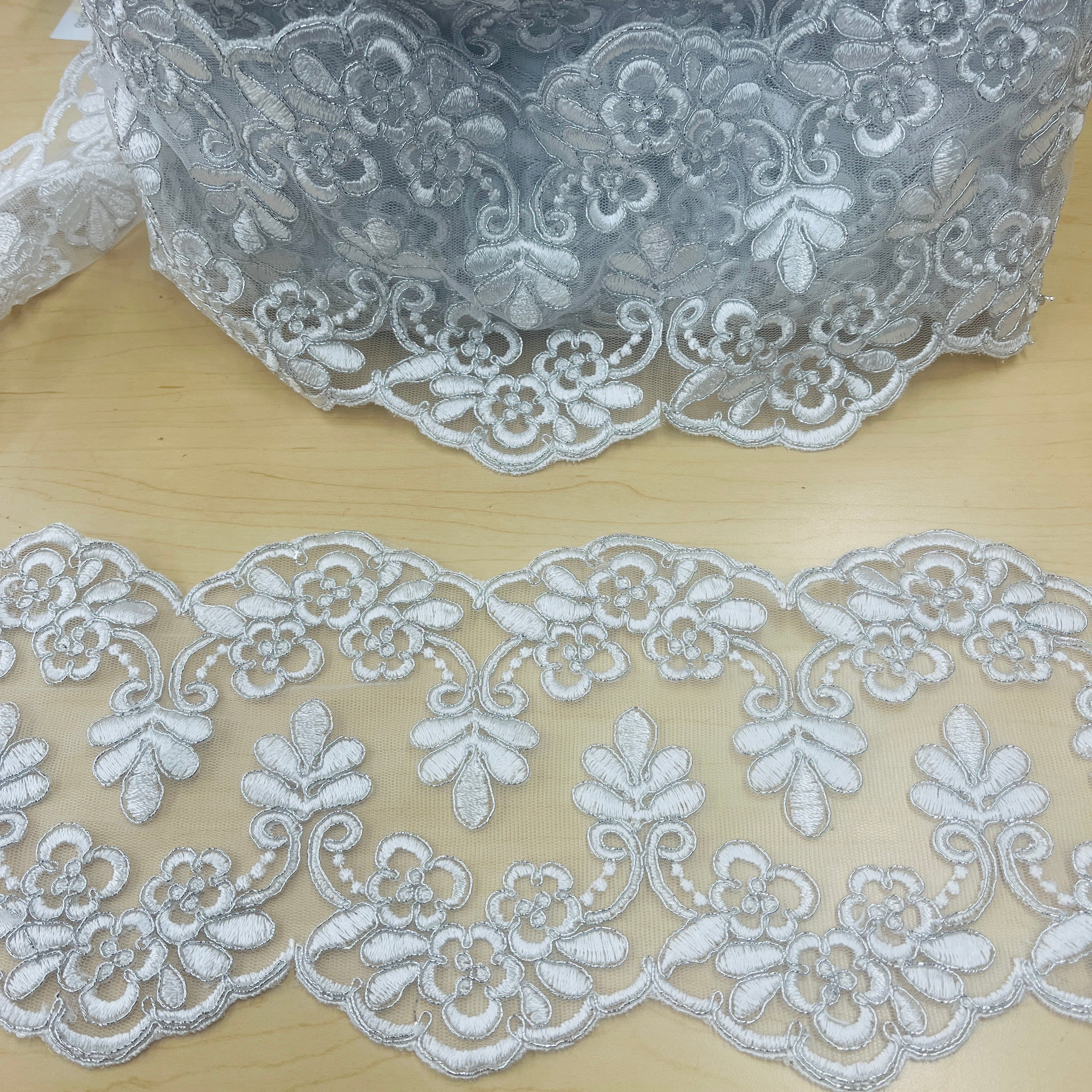 Double-Sided Floral Corded Lace Trim with Scalloped Edge – 6" Wide | Lace USA - 95967W/2