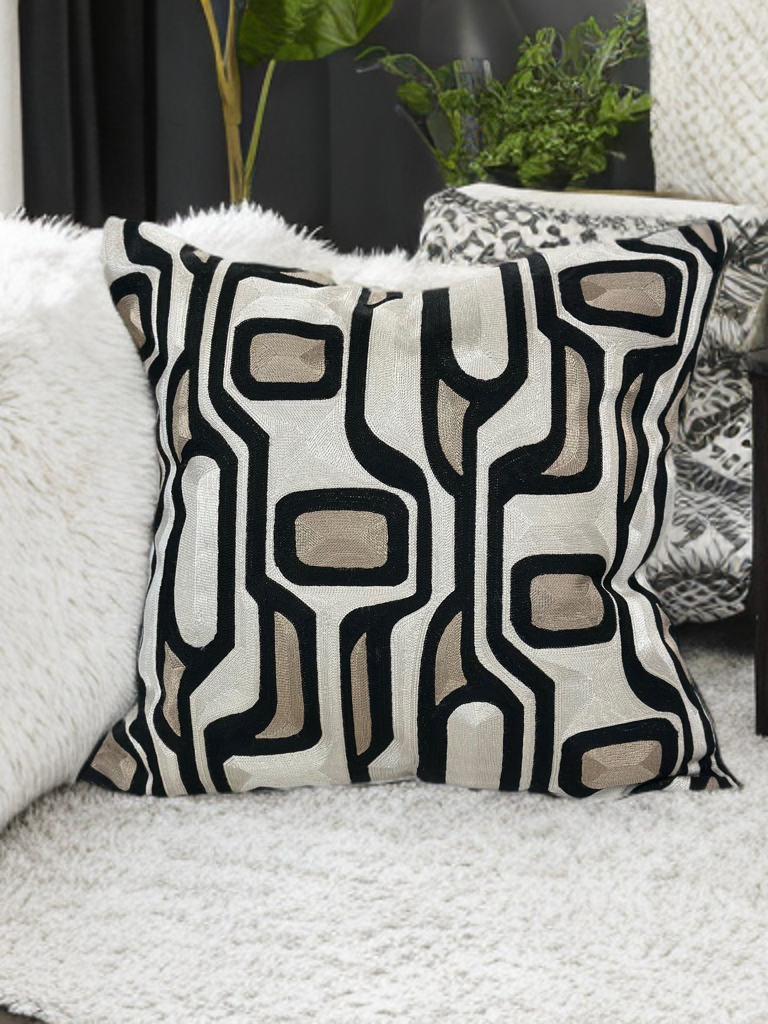 Black Velvet Pillow with Geometric Abstract Embroidery in Ivory, Bronze & Black - SEV004.