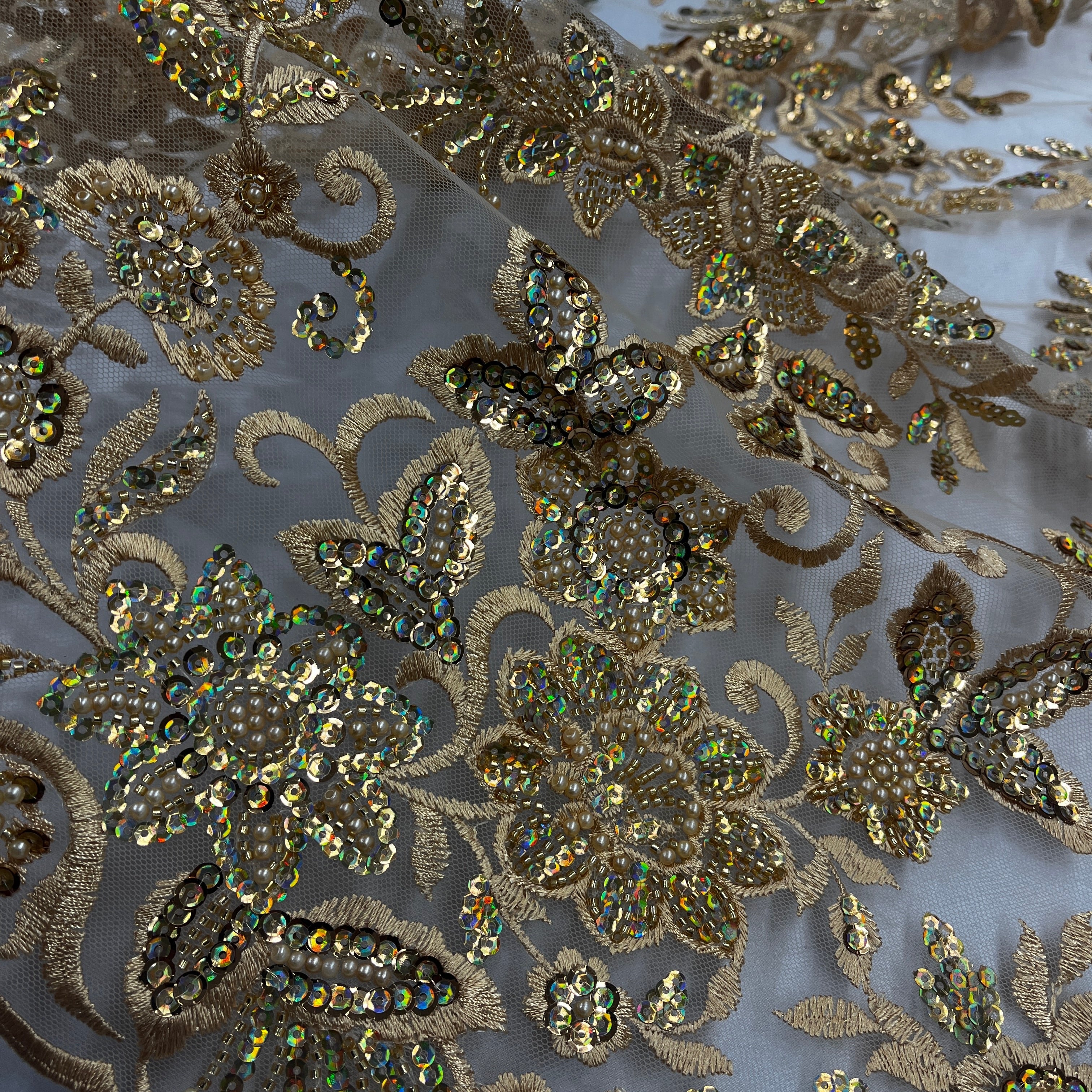 Beaded & Sequined Sparkling Lace Fabric Embroidered on 100% Polyester Net Mesh | Lace USA - GD-2218